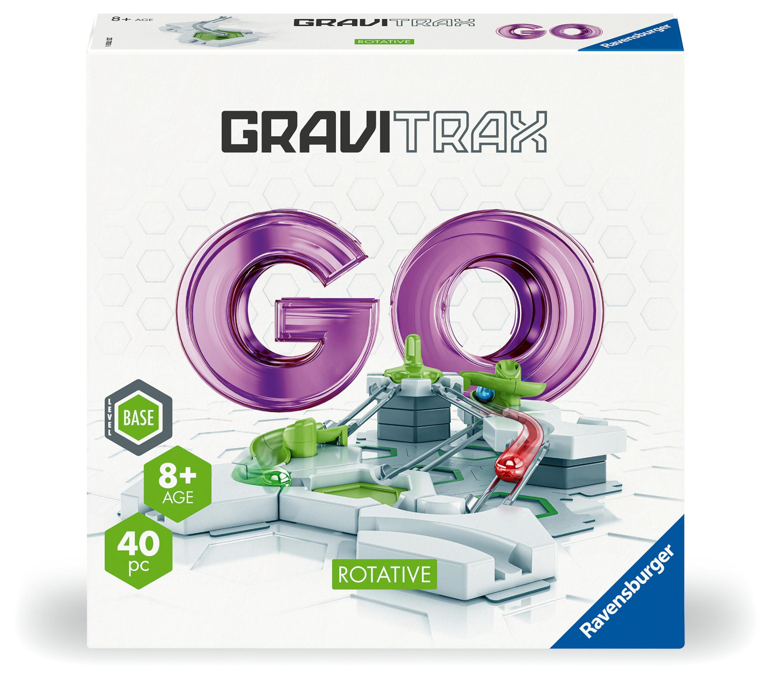 Die Gravitrax Go Set-Box verfügt über violette Bahnen und grüne Akzente auf einem weißen Hintergrund.