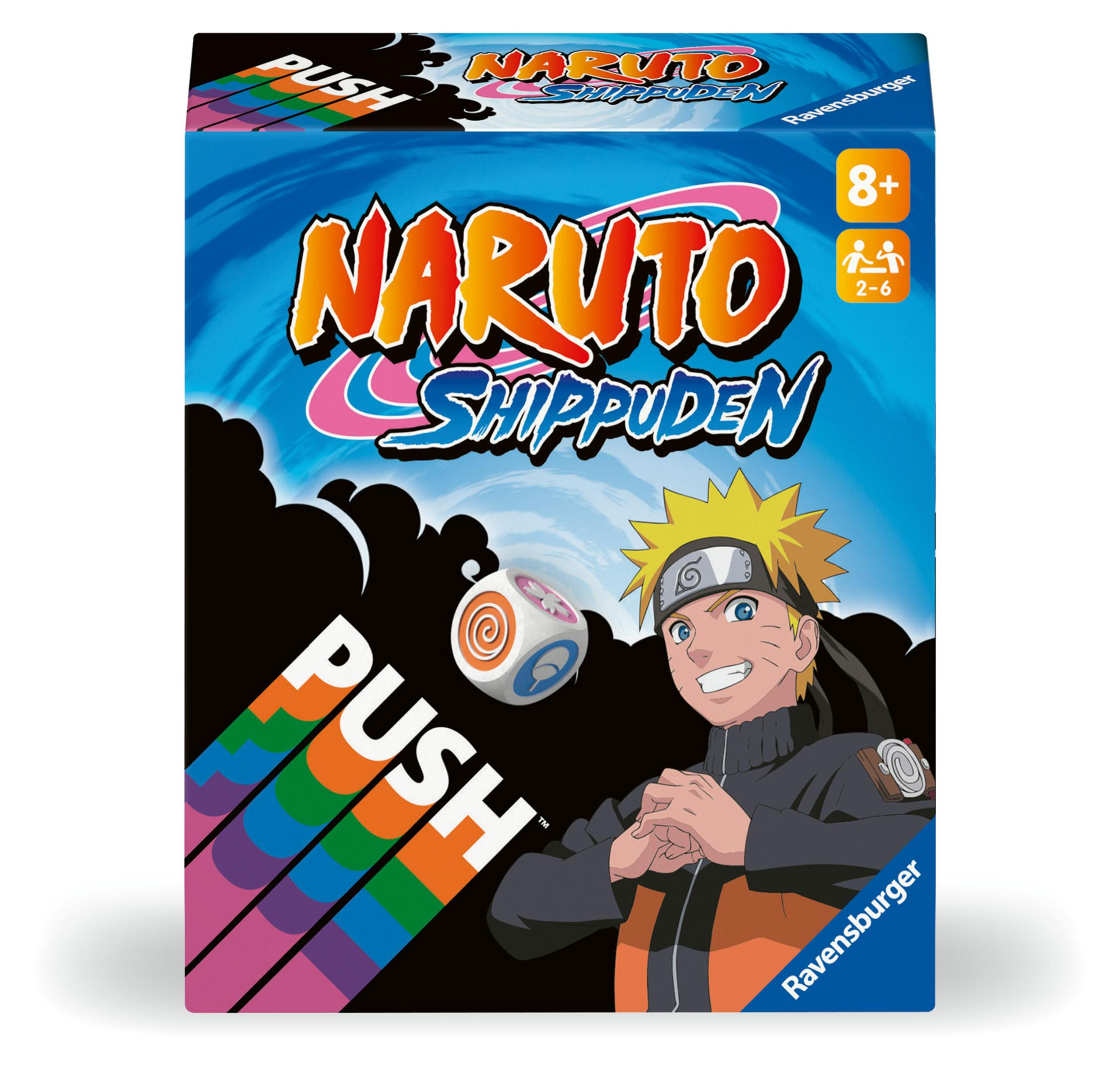 Scatola del gioco da tavolo Naruto Shippuden. La scatola è blu con Naruto e un dado sul davanti. Il gioco si chiama PUSH.