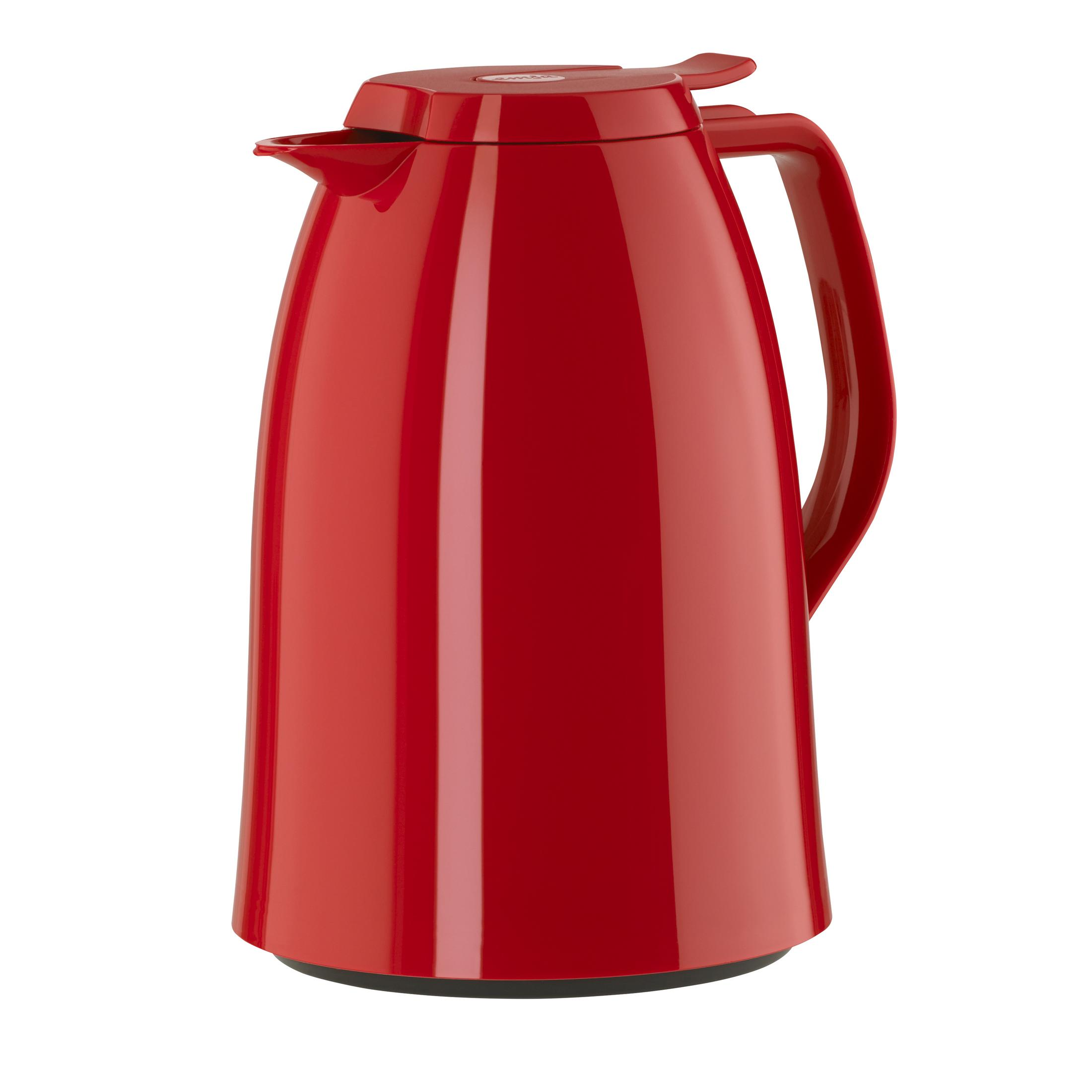 Eine rote Thermoskanne mit Griff und Ausguss zum Ausgießen von Flüssigkeiten.