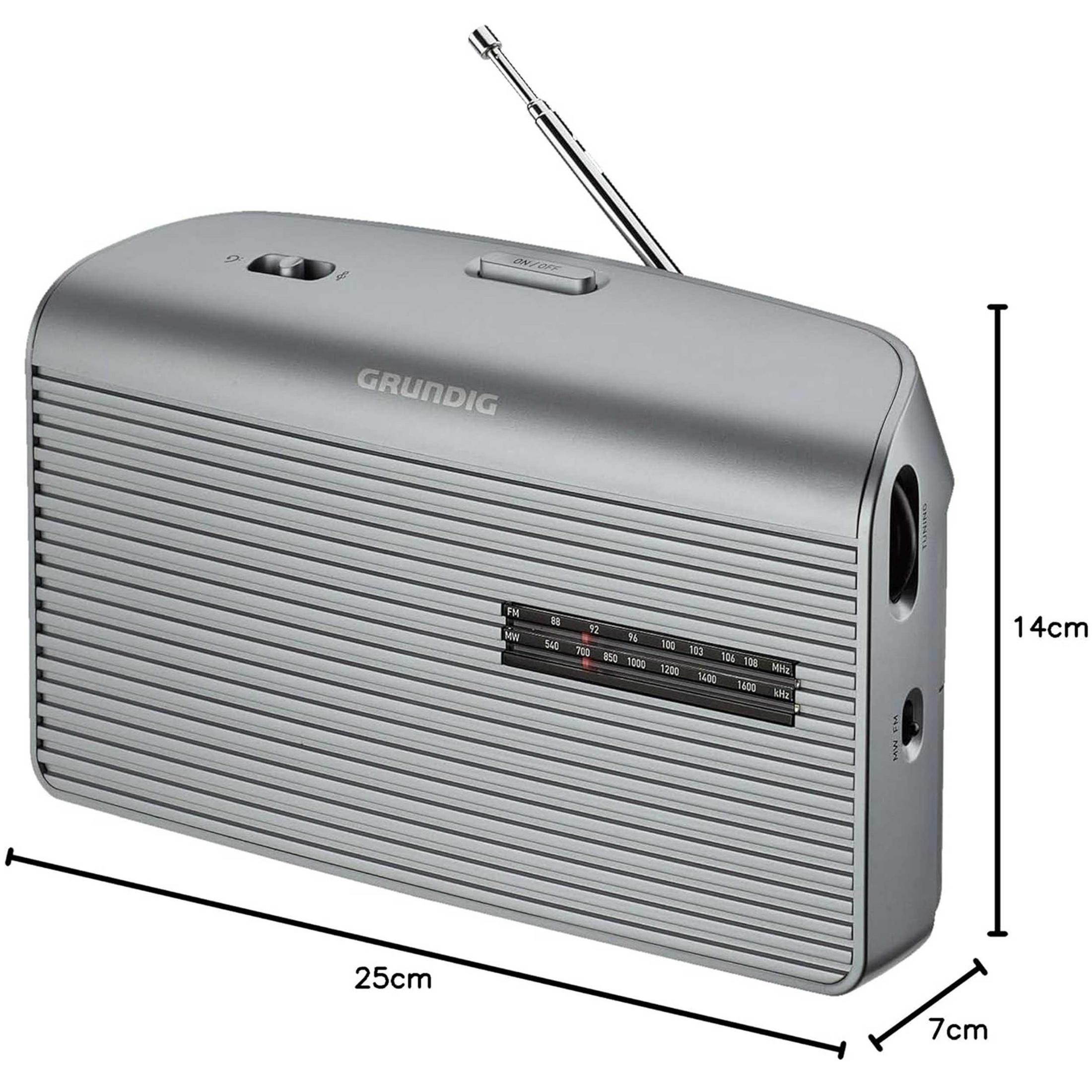 Una radio Grundig argentata con linee orizzontali, antenna e dimensioni indicate.