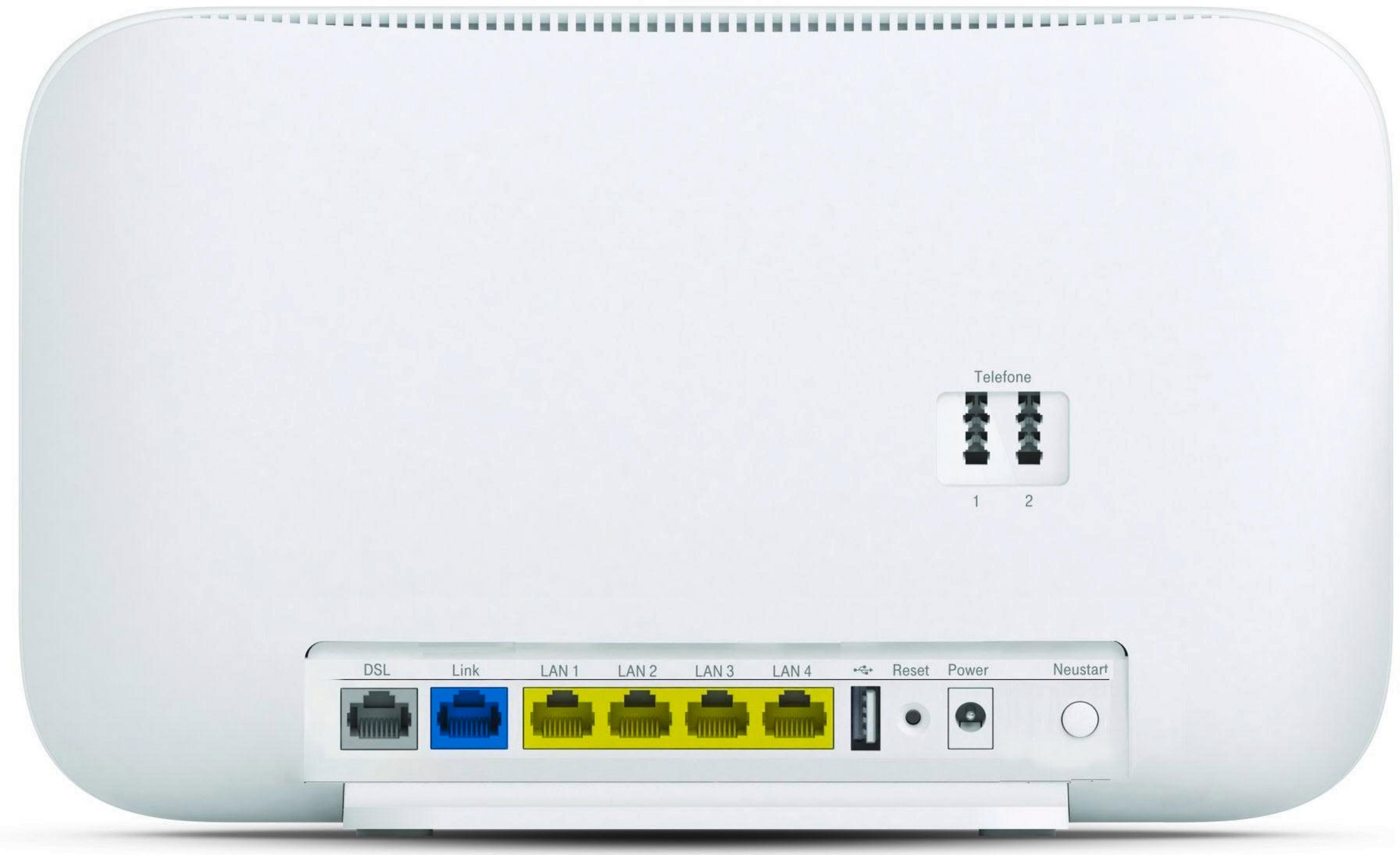 Ein weißer Router mit Anschlüssen für DSL, LAN und Telefon befindet sich auf einem weißen Hintergrund. Er hat ein T-Mobile-Logo.