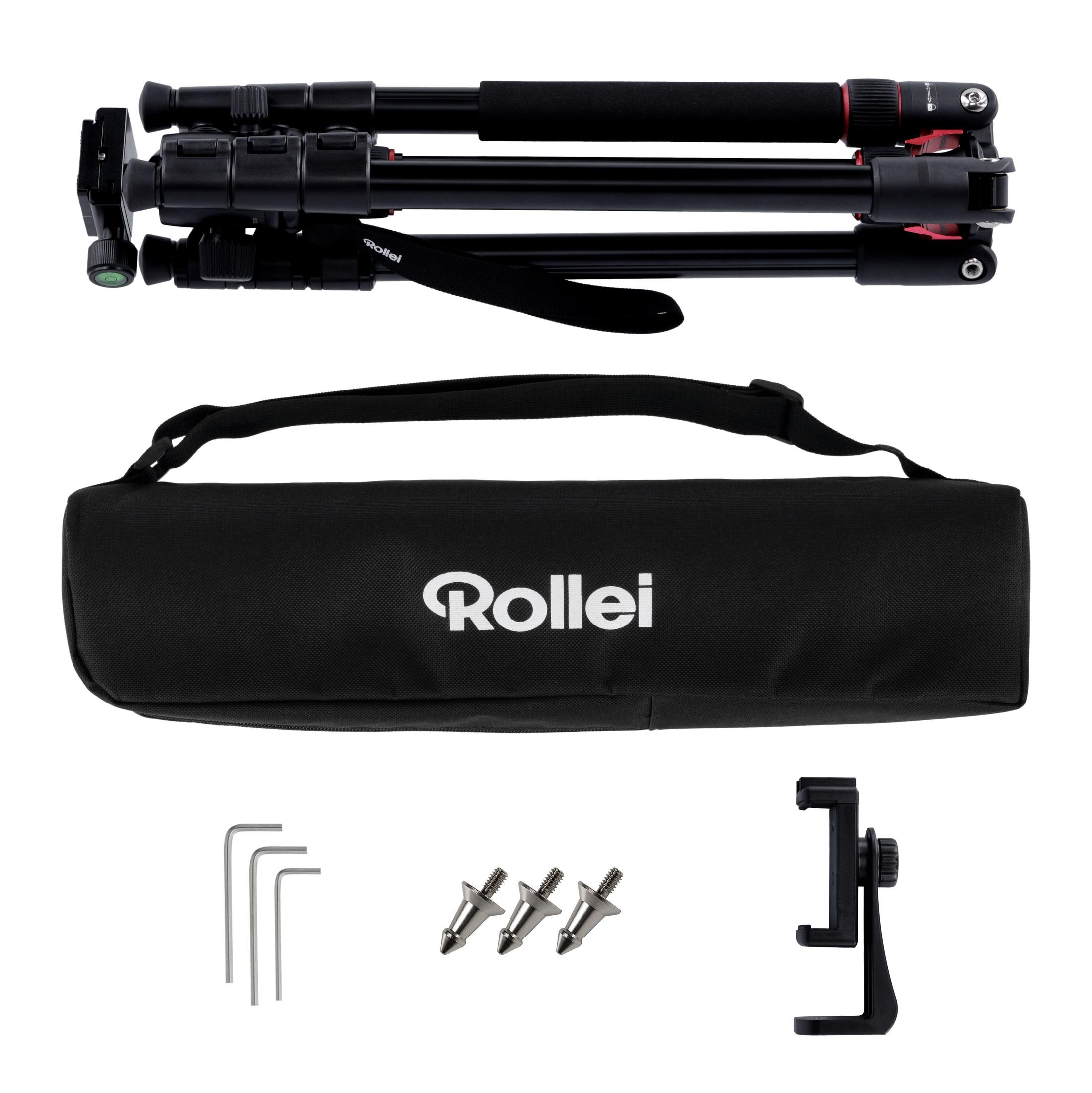 Una borsa per treppiede Rollei nera con accessori su sfondo bianco.