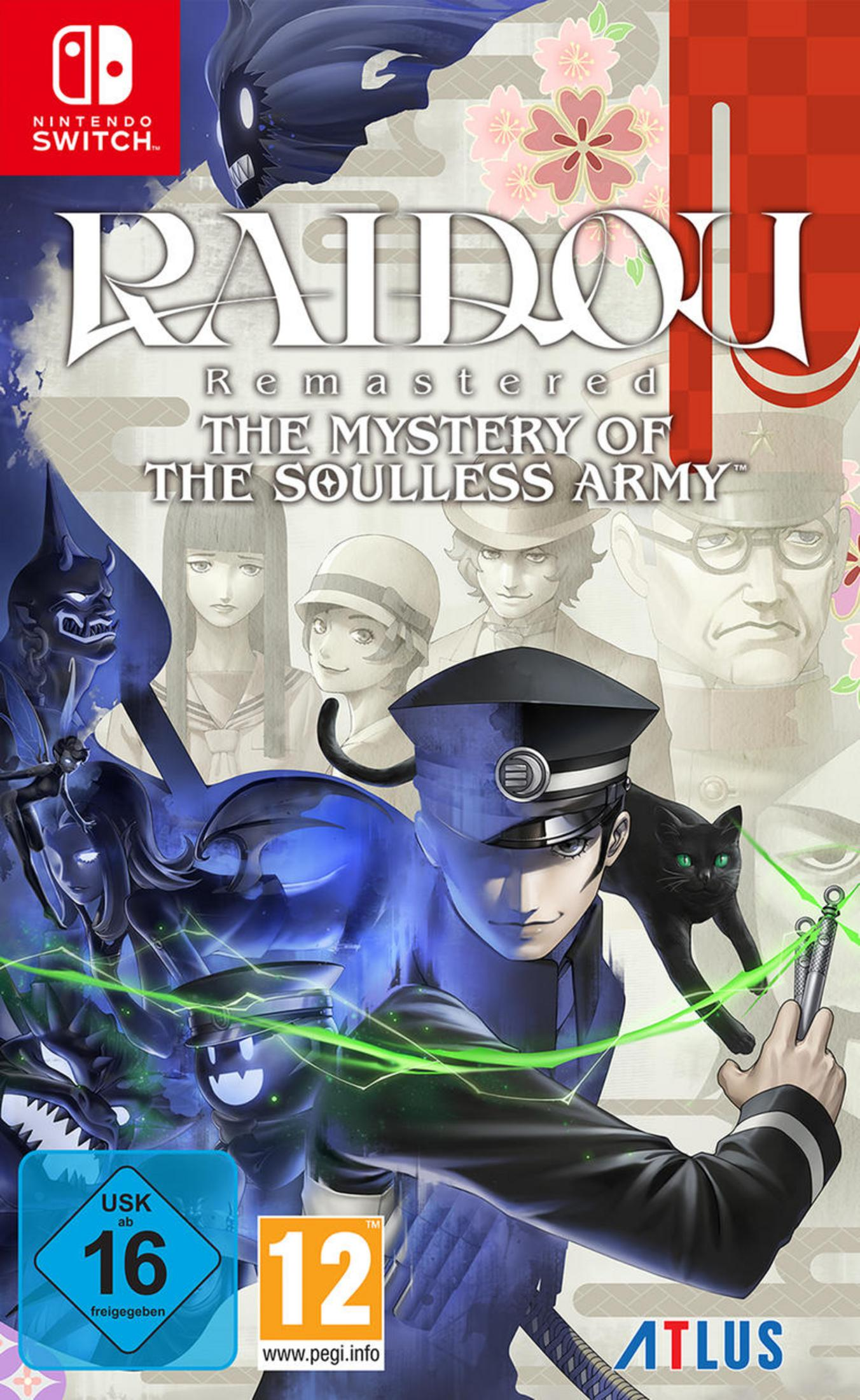 Scatola del gioco Nintendo Switch per 'RAIDOU Remastered'. Raffigura un uomo con un cappello e un gatto nero.