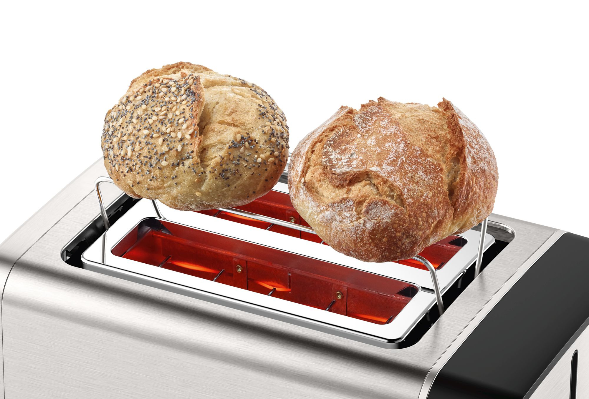 Toaster with two buns. One is a poppy seed bun, the other is a sourdough bread.