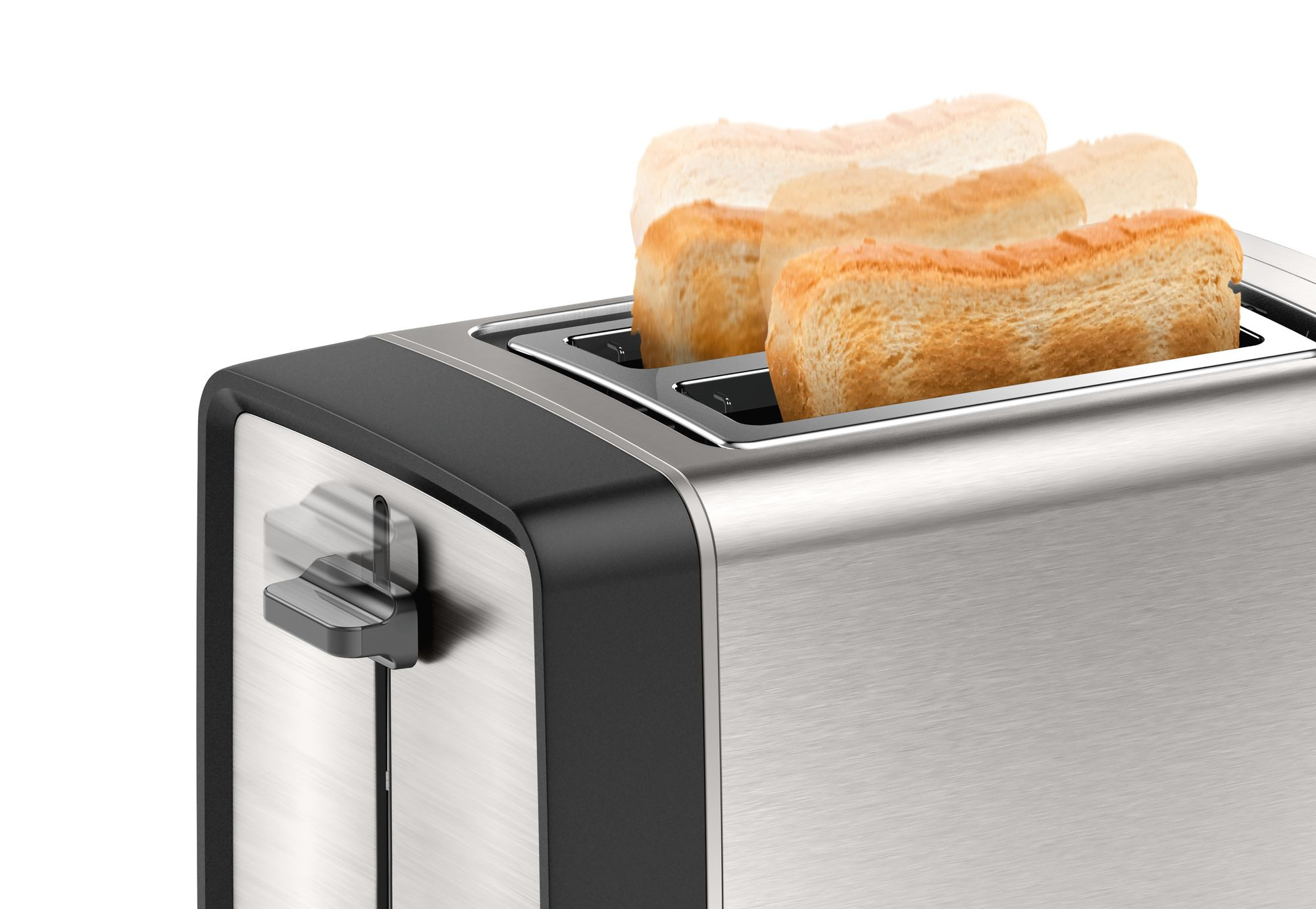 Toaster with bread slices. The bread is toasting. The lever is up and the toaster is silver.