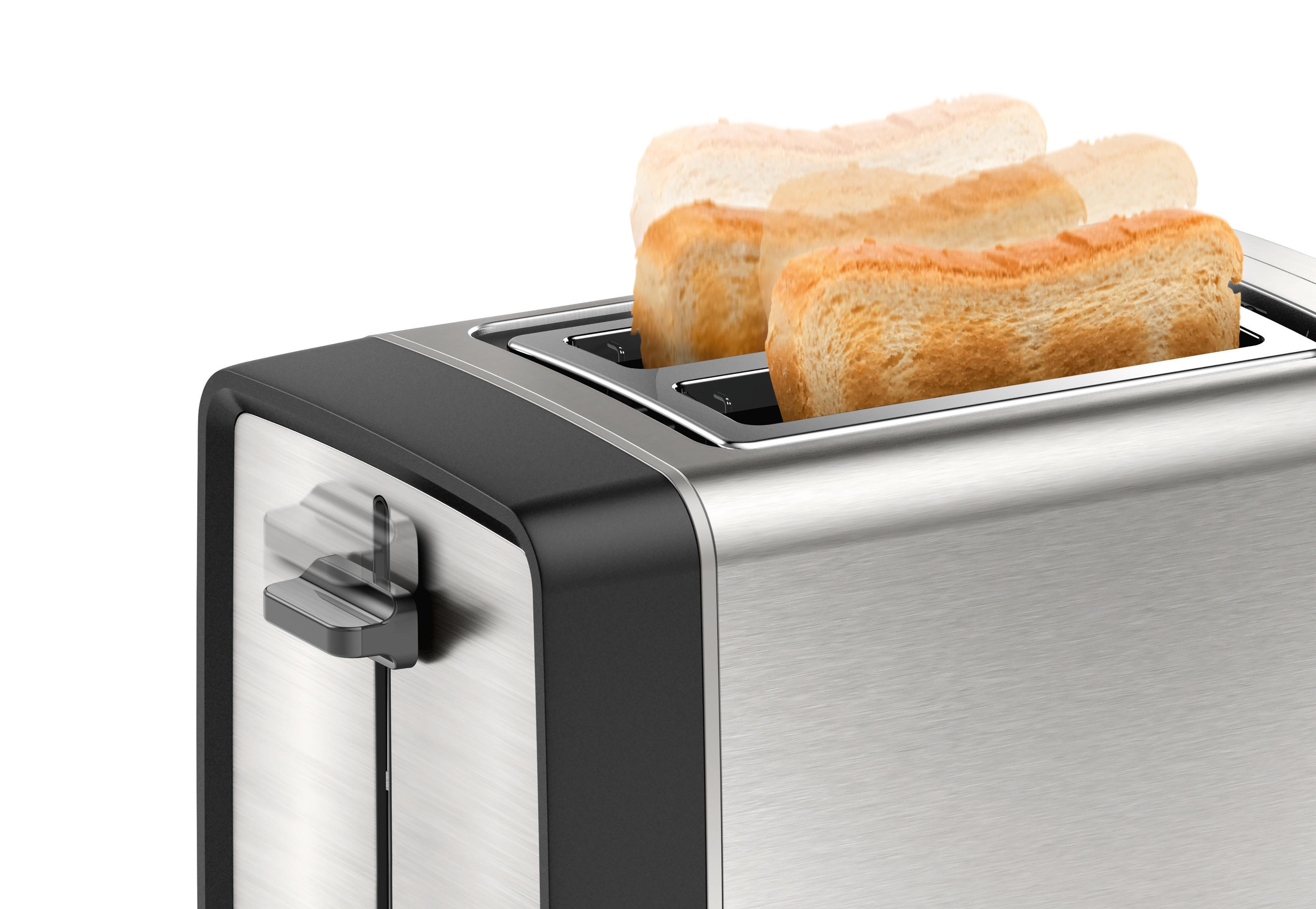 Toaster with bread slices. The bread is toasting. The lever is up and the toaster is silver.