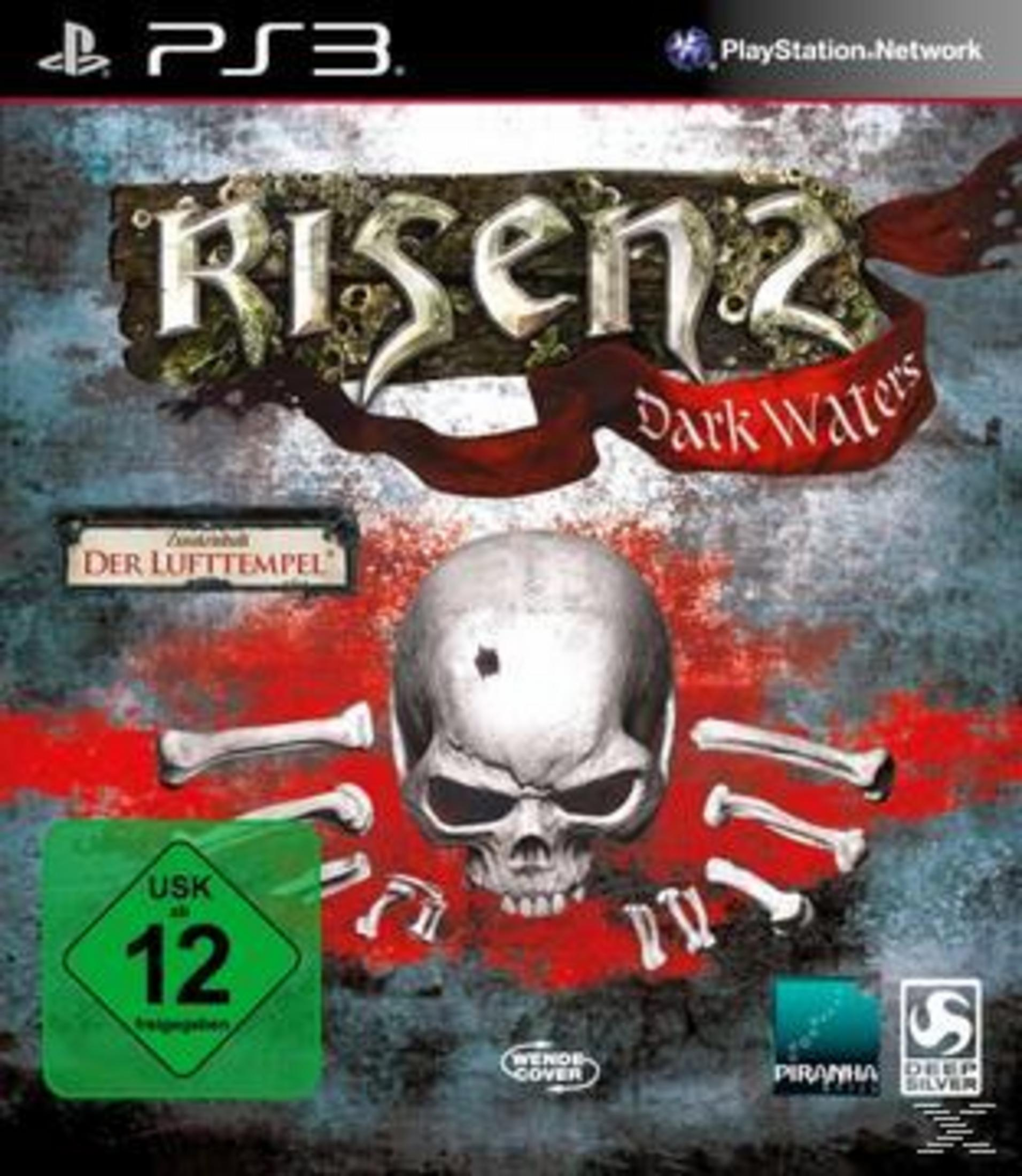 Spielcover für 'Risen 2: Dark Waters' auf PS3. Zeigt einen Totenkopf mit roter Schleife und Knochengrafiken.