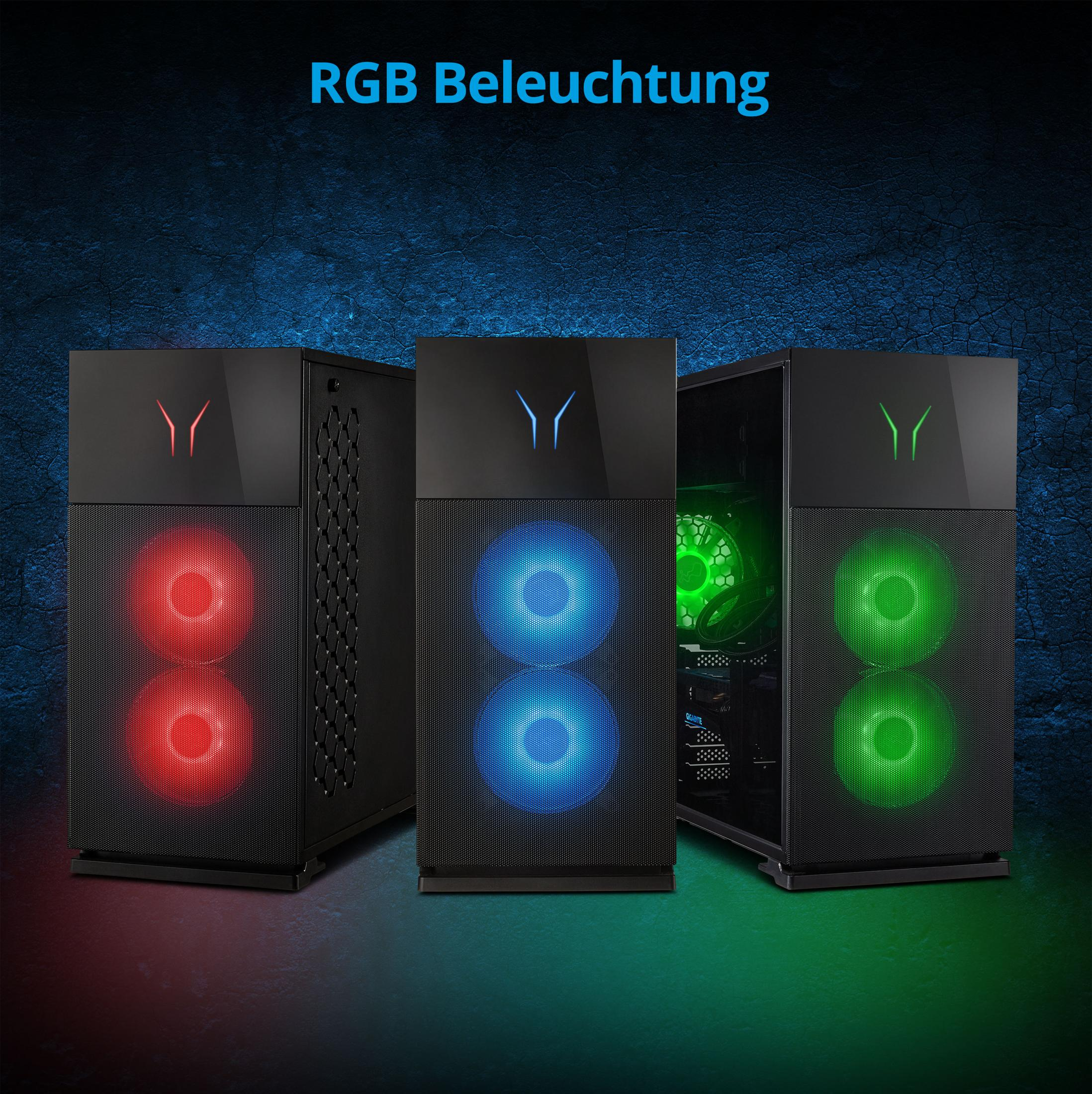Drei schwarze Gaming-PCs mit roter, blauer und grüner RGB-Beleuchtung sind auf einer dunklen Oberfläche angeordnet.