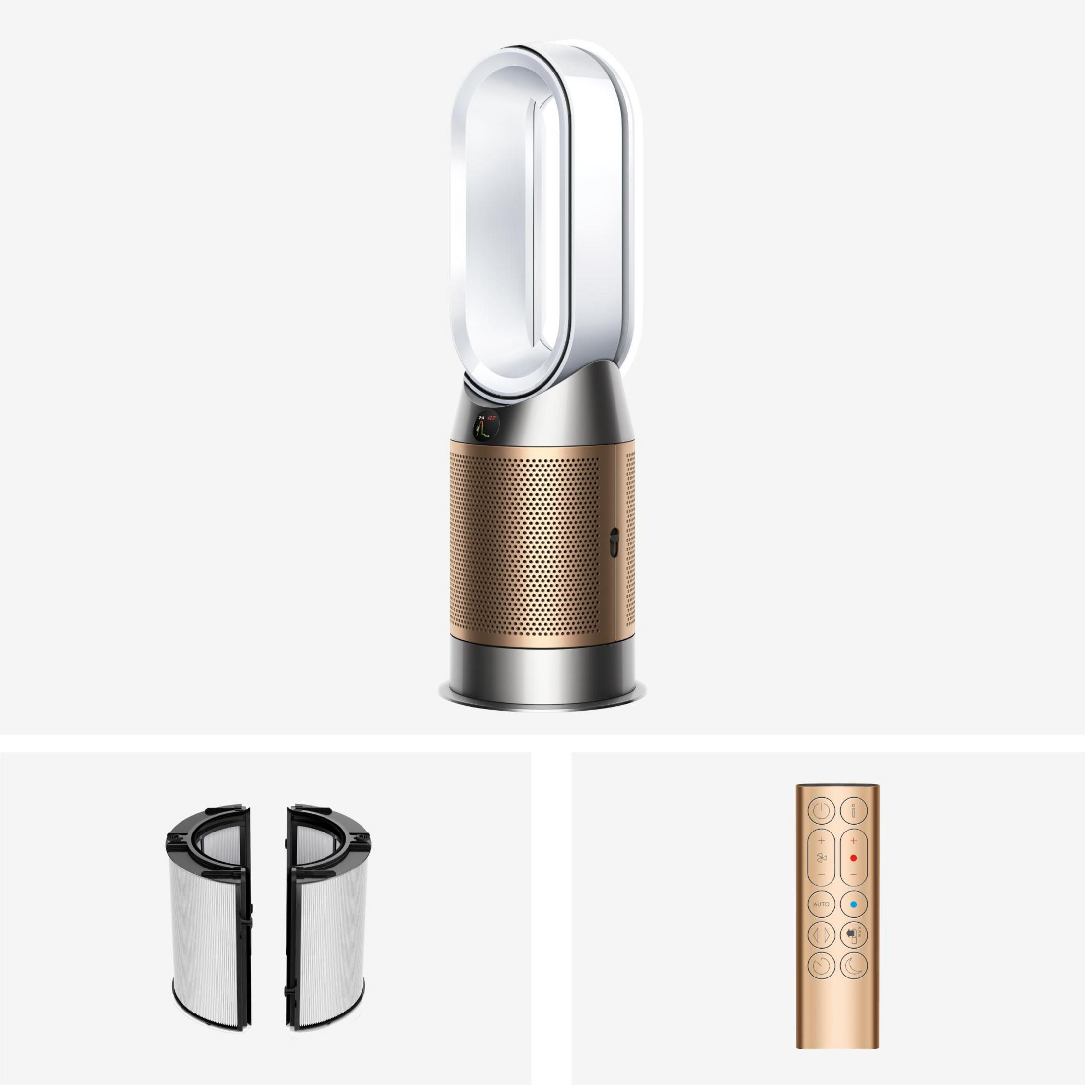 Purificatore d'aria Dyson con parte superiore argentata, parte centrale in bronzo e un telecomando e filtro nella parte inferiore.