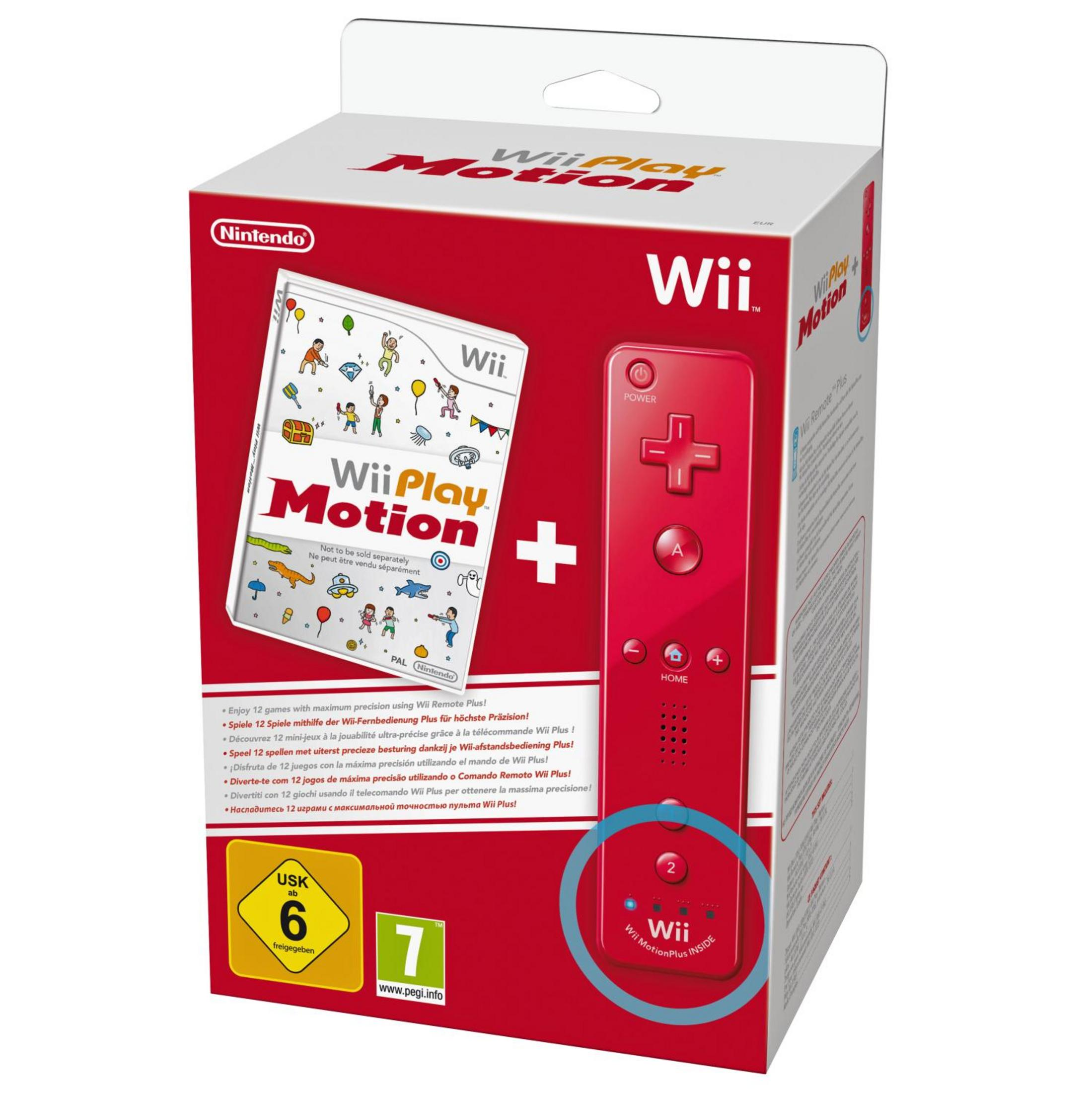 Die Wii Play Motion-Box zeigt eine rote Wii Remote Plus und das Cover des Spiels. Die Box ist weiß und rot.