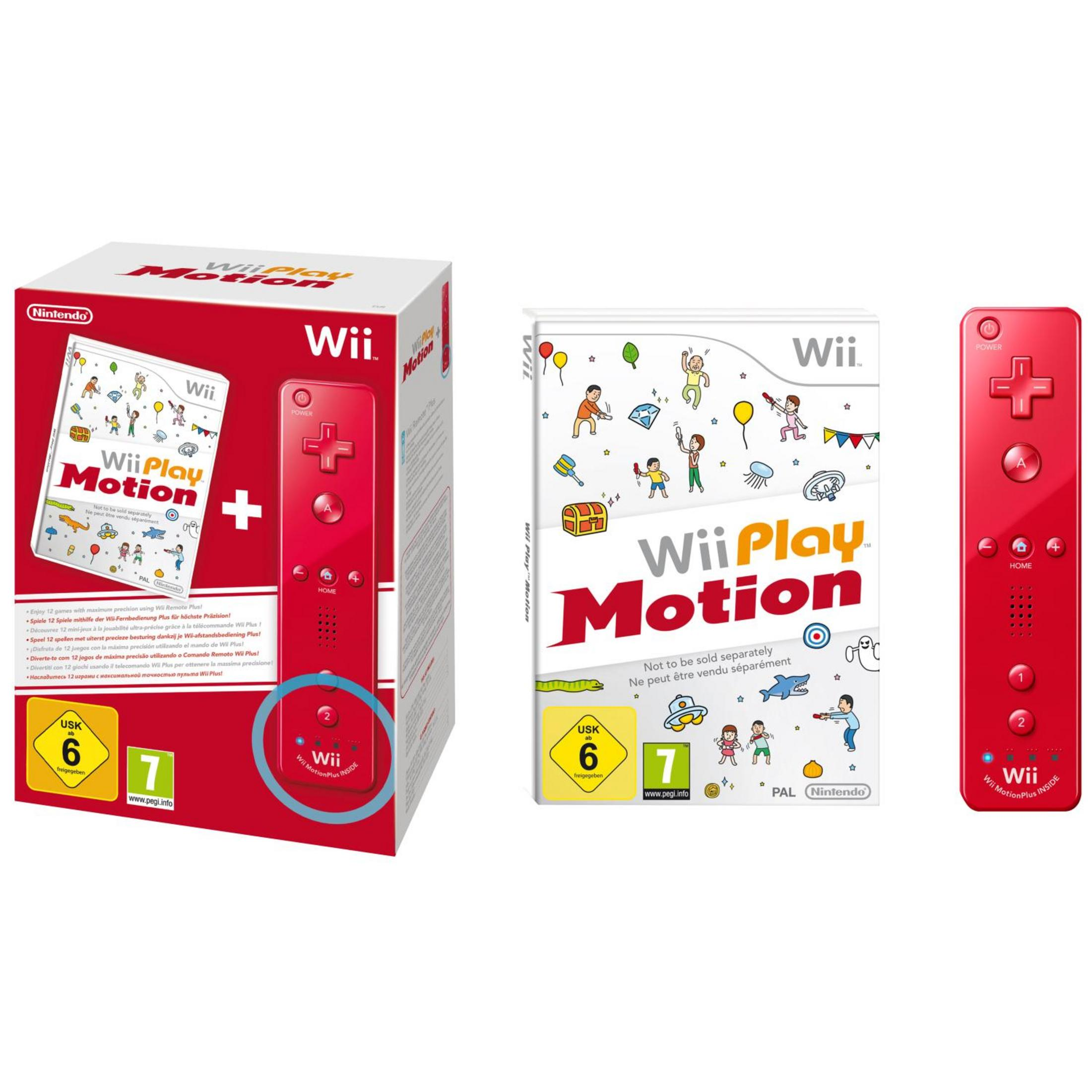 Wii Play Motion-Set mit Box, Spielhülle und einem roten Wii Remote Plus, alles auf weißem Hintergrund.