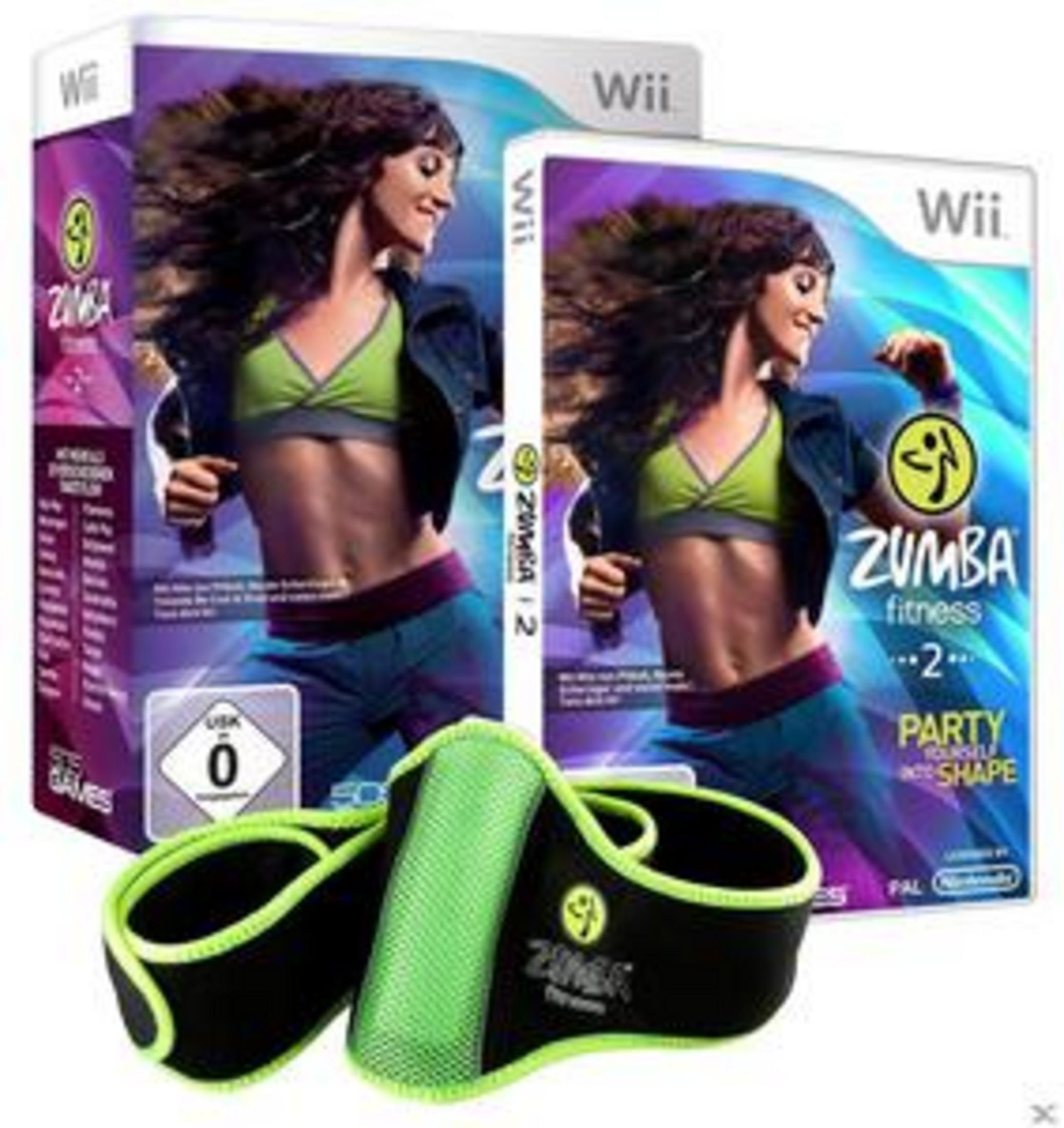 Zumba Fitness 2-Spiel mit einem Fitnessgürtel. Die Box zeigt eine Frau in Trainingskleidung.