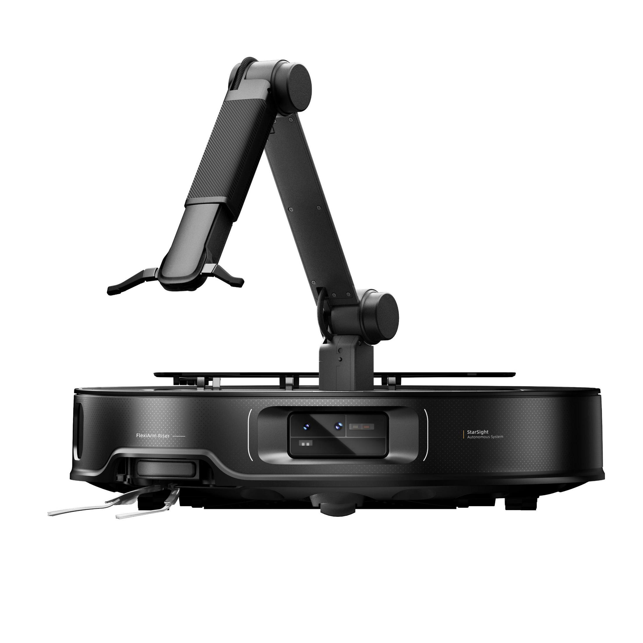 Schwarzer Roboterstaubsauger mit Gelenkarm auf weißem Hintergrund. Der Staubsauger hat eine Kamera und Sensoren.