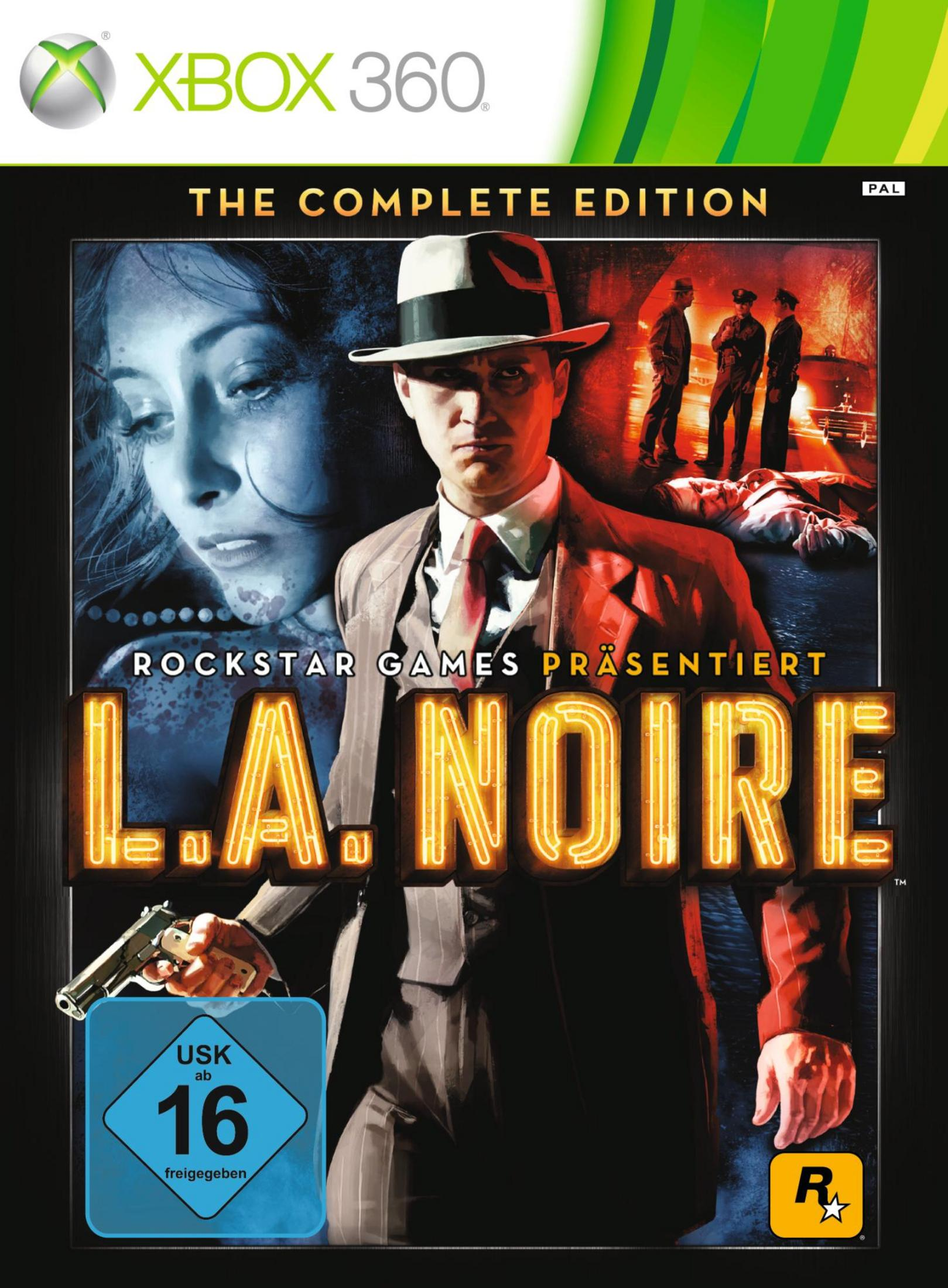 Xbox 360 Spielverpackung für L.A. Noire, mit einem Mann im Anzug und einer Frau. Der Spieletitel ist prominent.