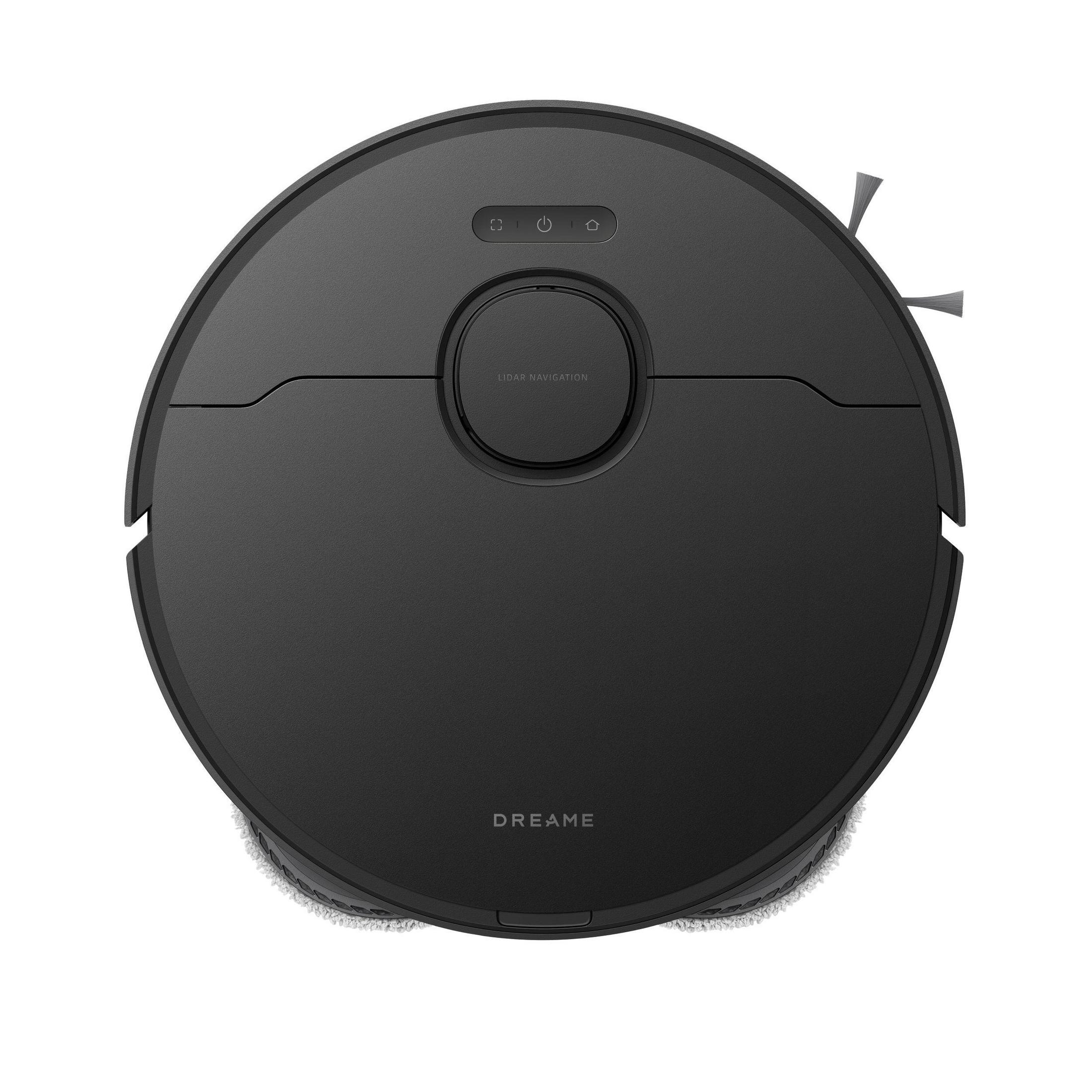 Czarny robot sprzątający Dreame, widok z góry, z przyciskami i czujnikami. Białe tło.