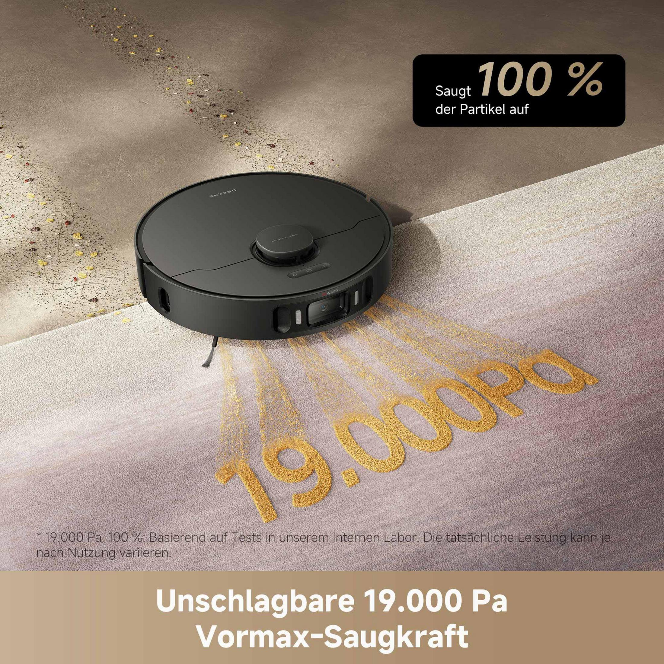 Czarny robot odkurzający czyści podłogę. Tekst wskazuje na 100% zbierania cząsteczek.