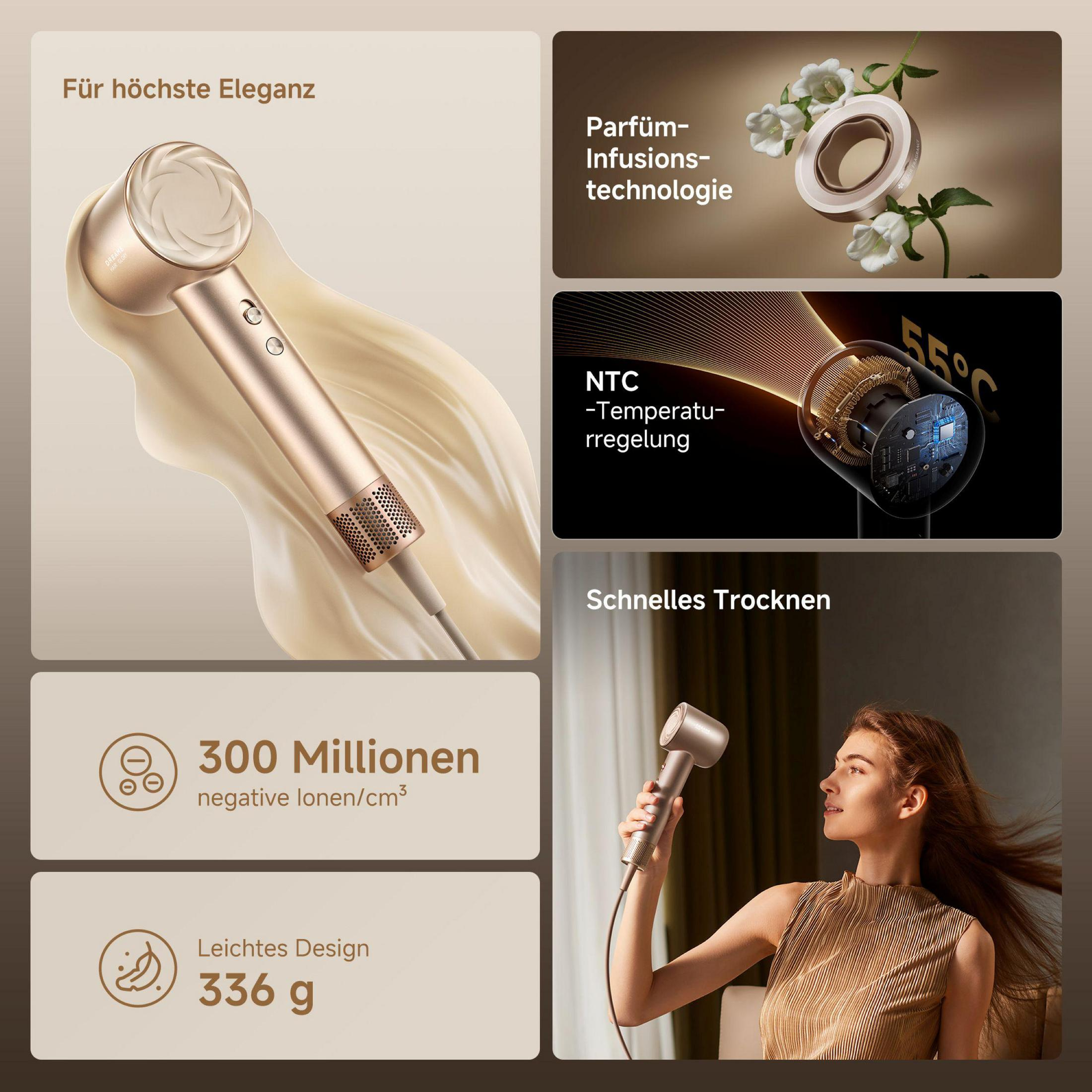 Kobieta trzymająca złotą suszarkę do włosów. Inne obrazy pokazują szczegóły, takie jak jony ujemne.