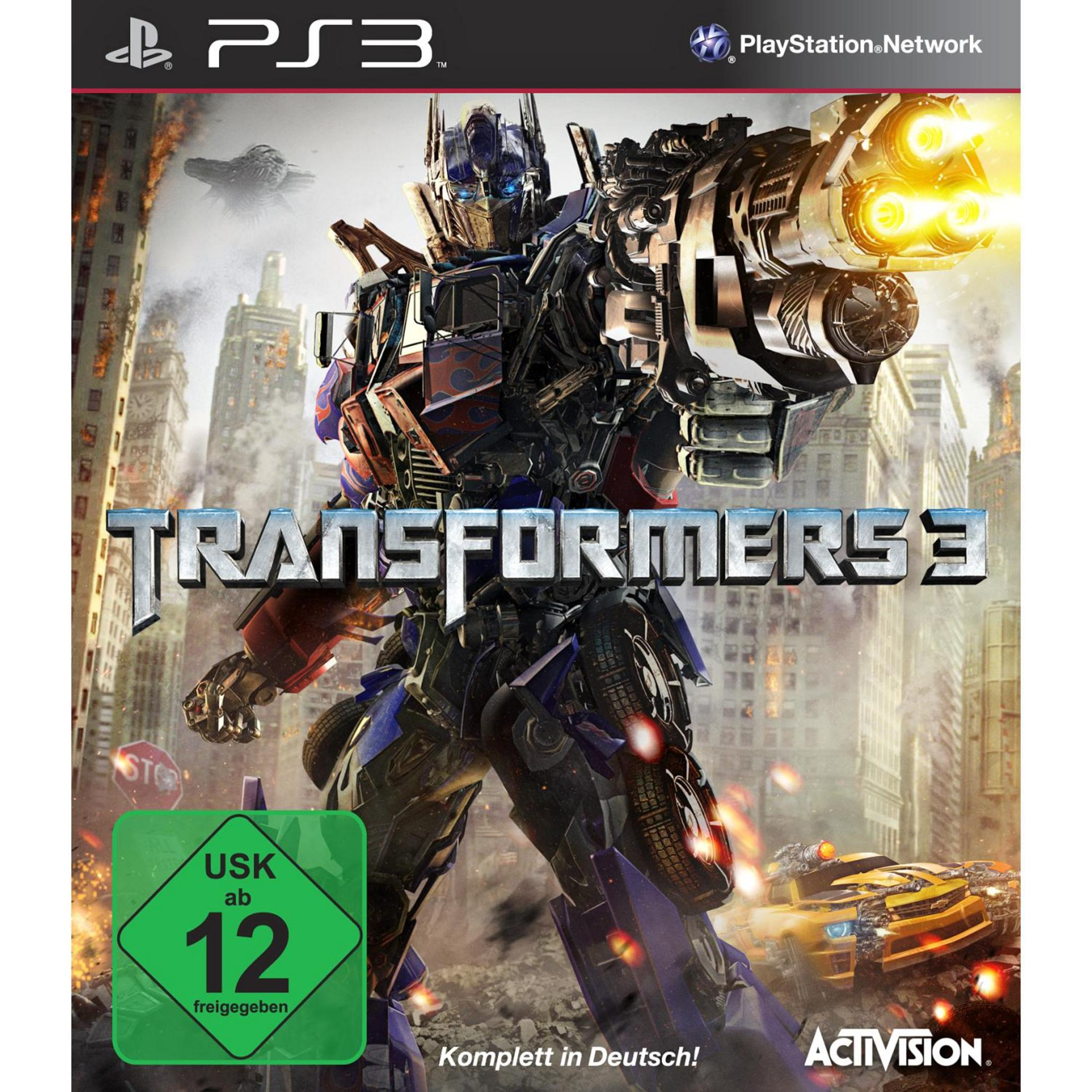 Transformers 3-Spielcover. Optimus Prime steht in einer vom Krieg zerstörten Stadt und hält eine große Waffe.