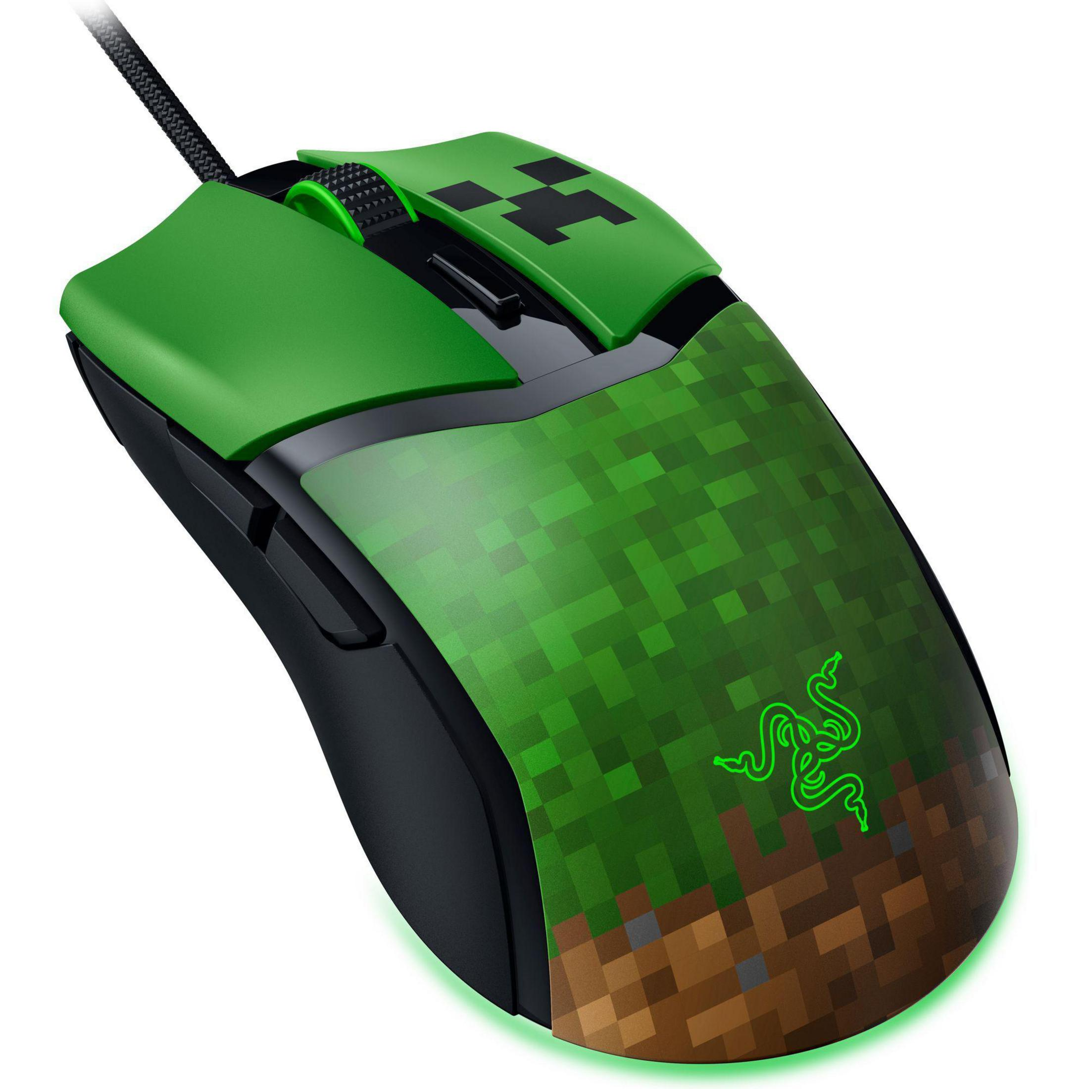 Zielona mysz gamingowa Razer Minecraft z designem Creeper na górze.