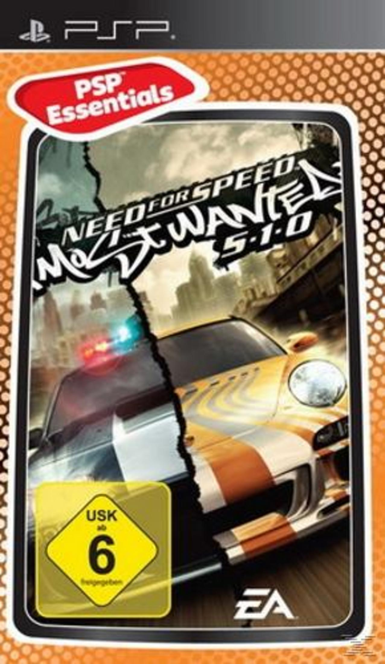 PSP-Spielcover. Der Spieletitel lautet "Need for Speed Most Wanted 5-1-0". Ein Auto und Polizeilichter sind sichtbar.