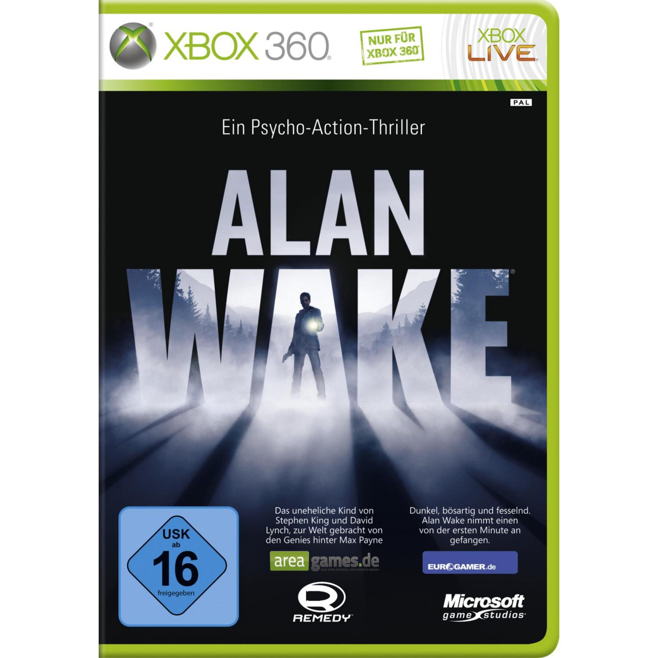Alan Wake-Spielcover. Ein Mann im Anzug steht in einem dunklen, nebligen Wald.