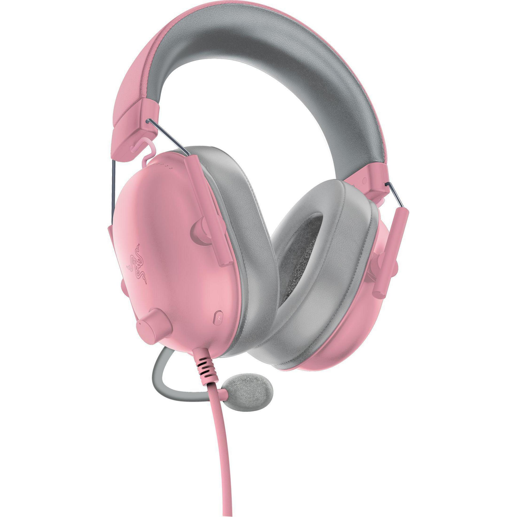 Casque gaming Razer rose et gris avec microphone, sur fond blanc.