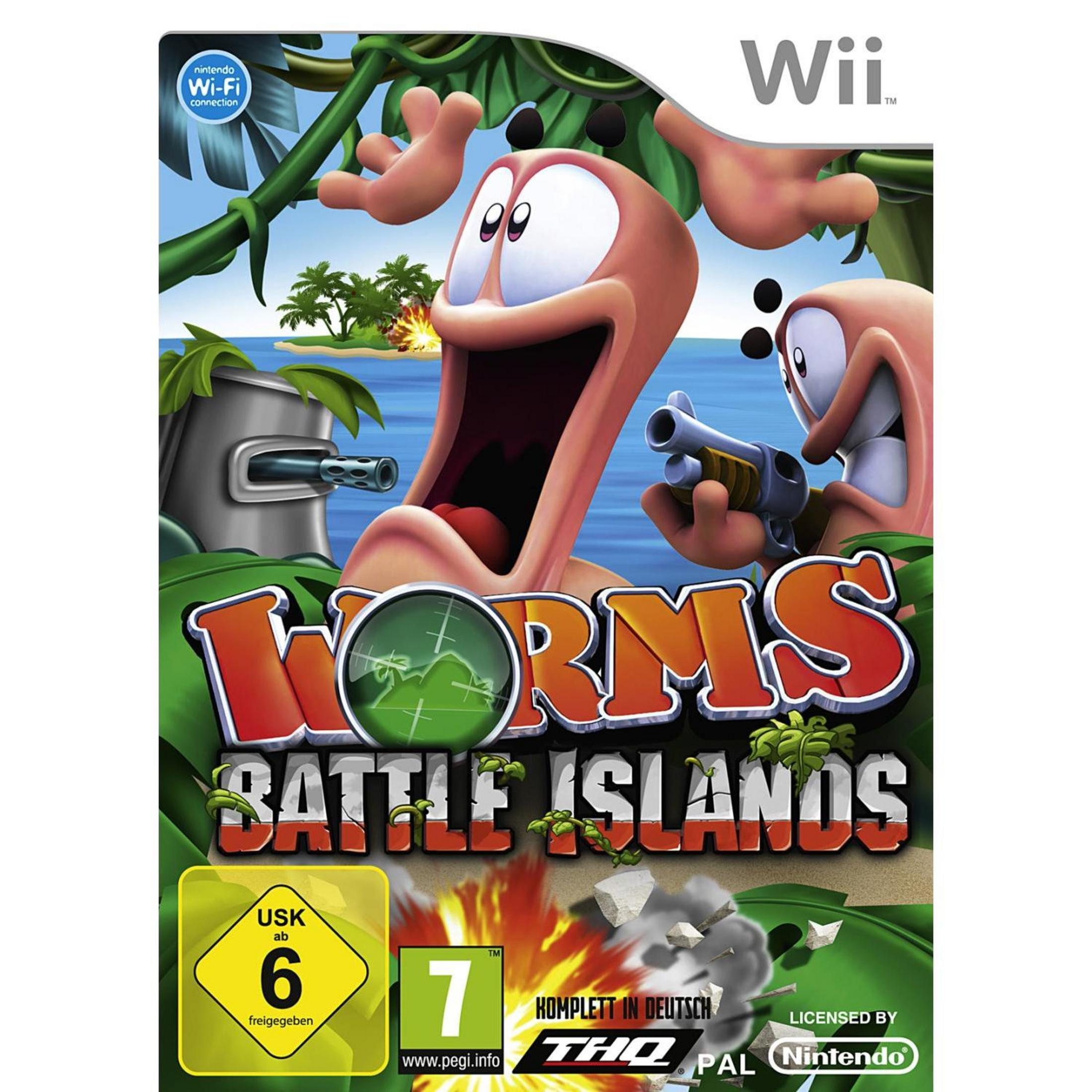 Würmer-Spielcover: Würmer schießen, Explosionen, grüner und blauer Hintergrund.