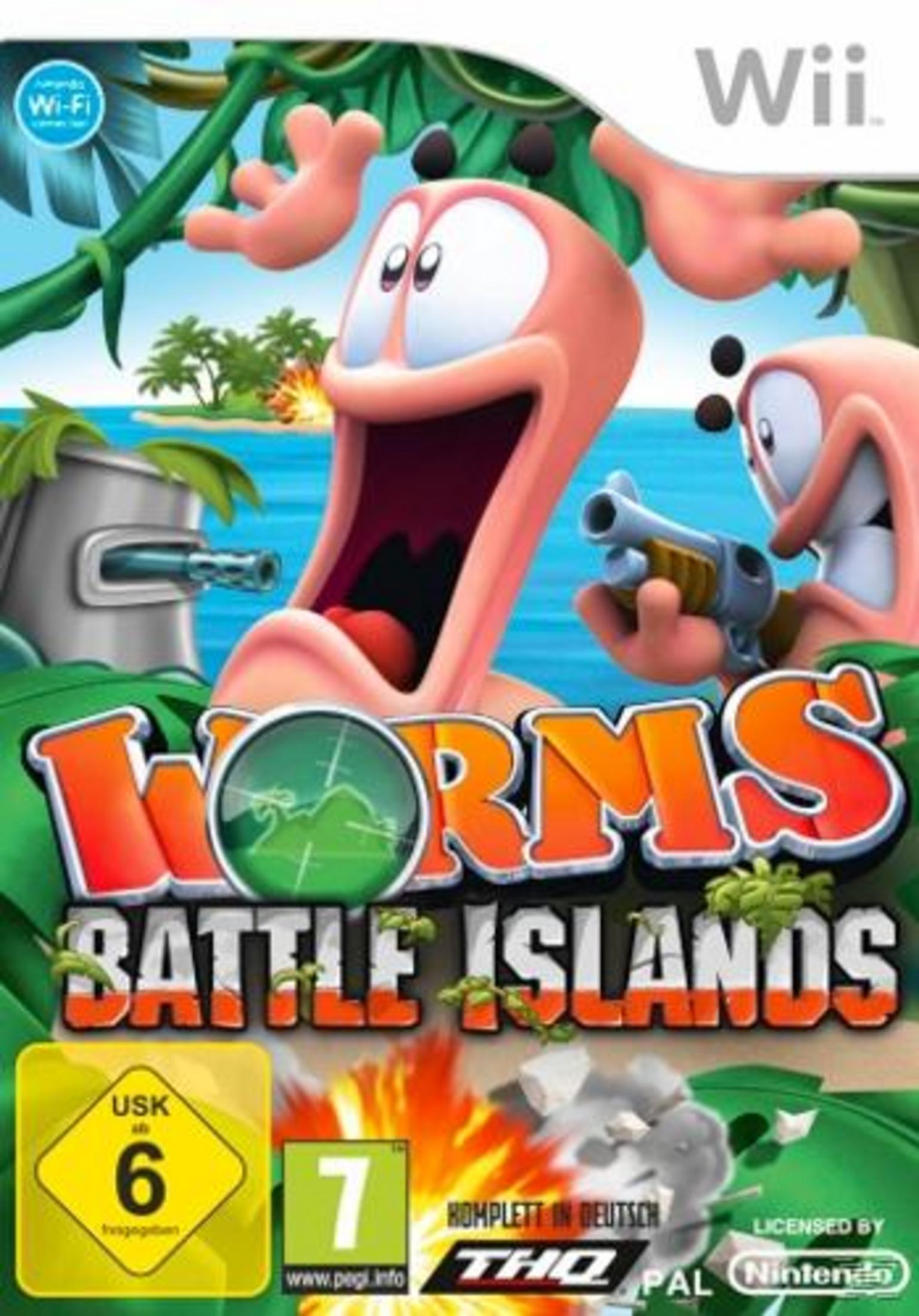 Worms Battle Islands-Spielcover: Würmer, Explosionen, Inselhintergrund.