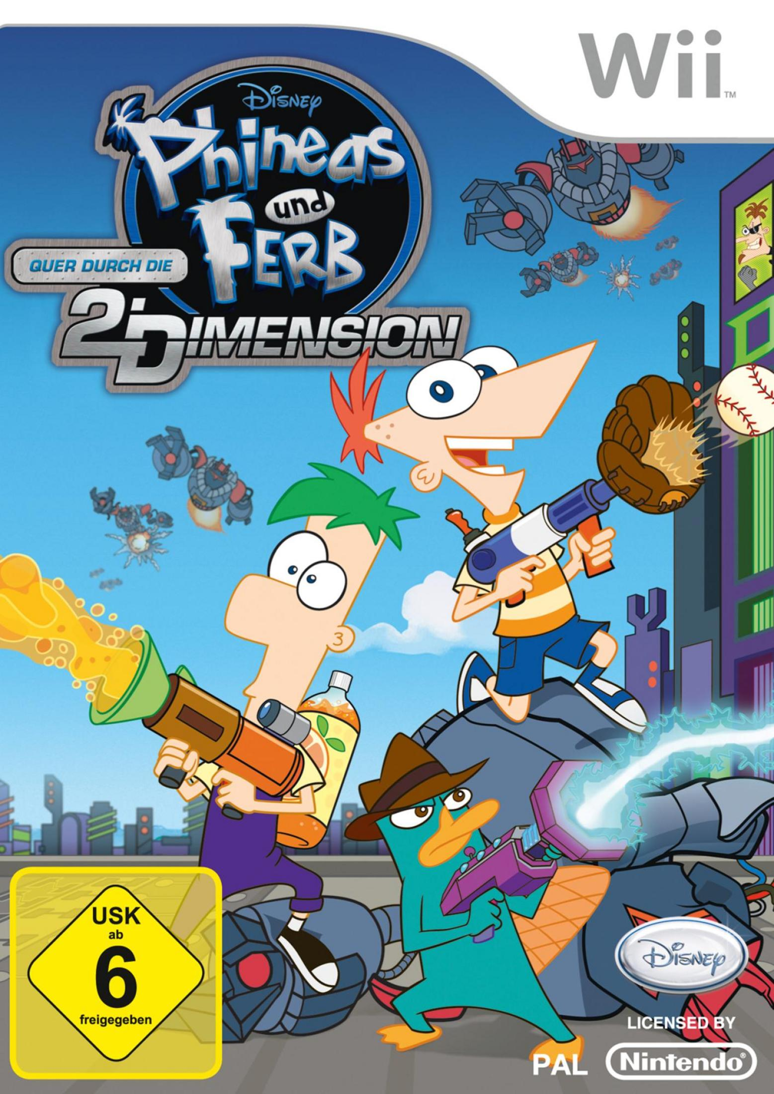 Videospielcover: Phineas und Ferb, Charaktere, die Spielzeugwaffen halten, blauer Hintergrund.