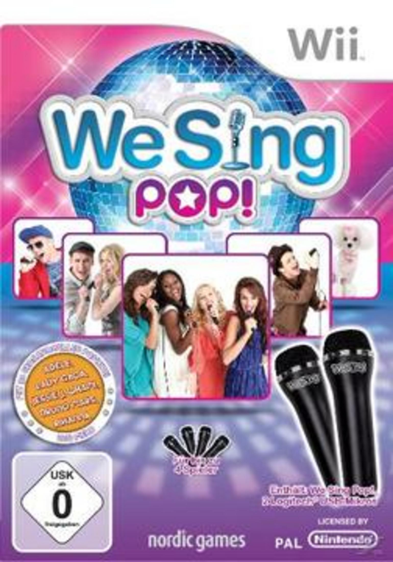 We Sing Pop!-Spielcover: Sänger, Discokugel, Mikrofone und das Wii-Logo.