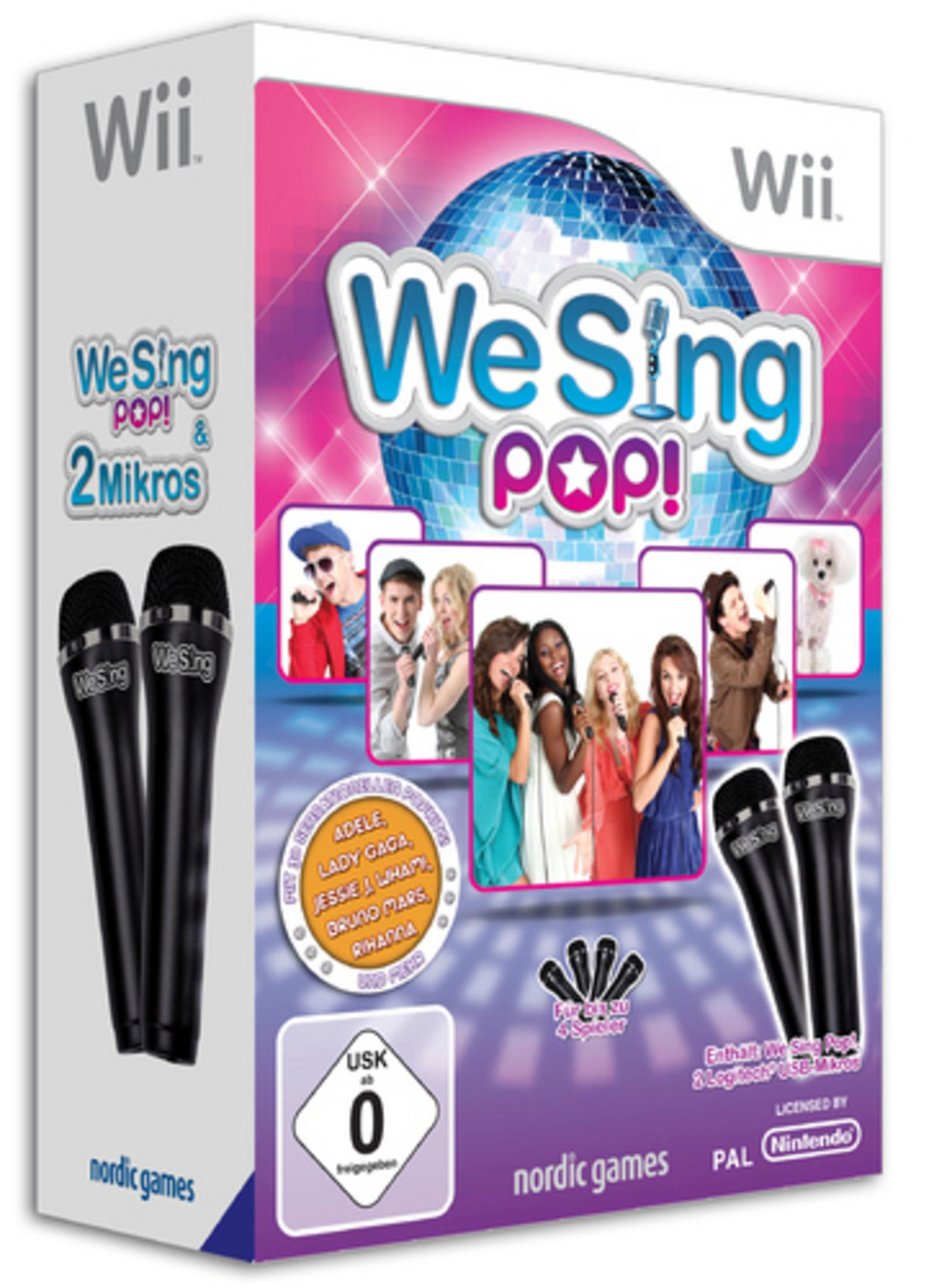 We Sing Pop!-Spielbox: Sänger, Mikrofone und das Wii-Logo.