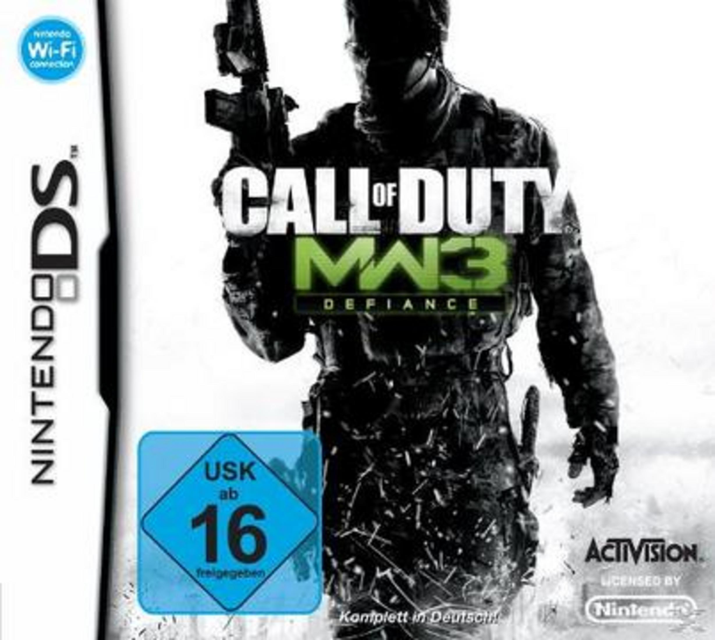 Call of Duty MW3 Defiance Spielcover. Ein Soldat hält eine Waffe. Das Spiel ist für Nintendo DS.