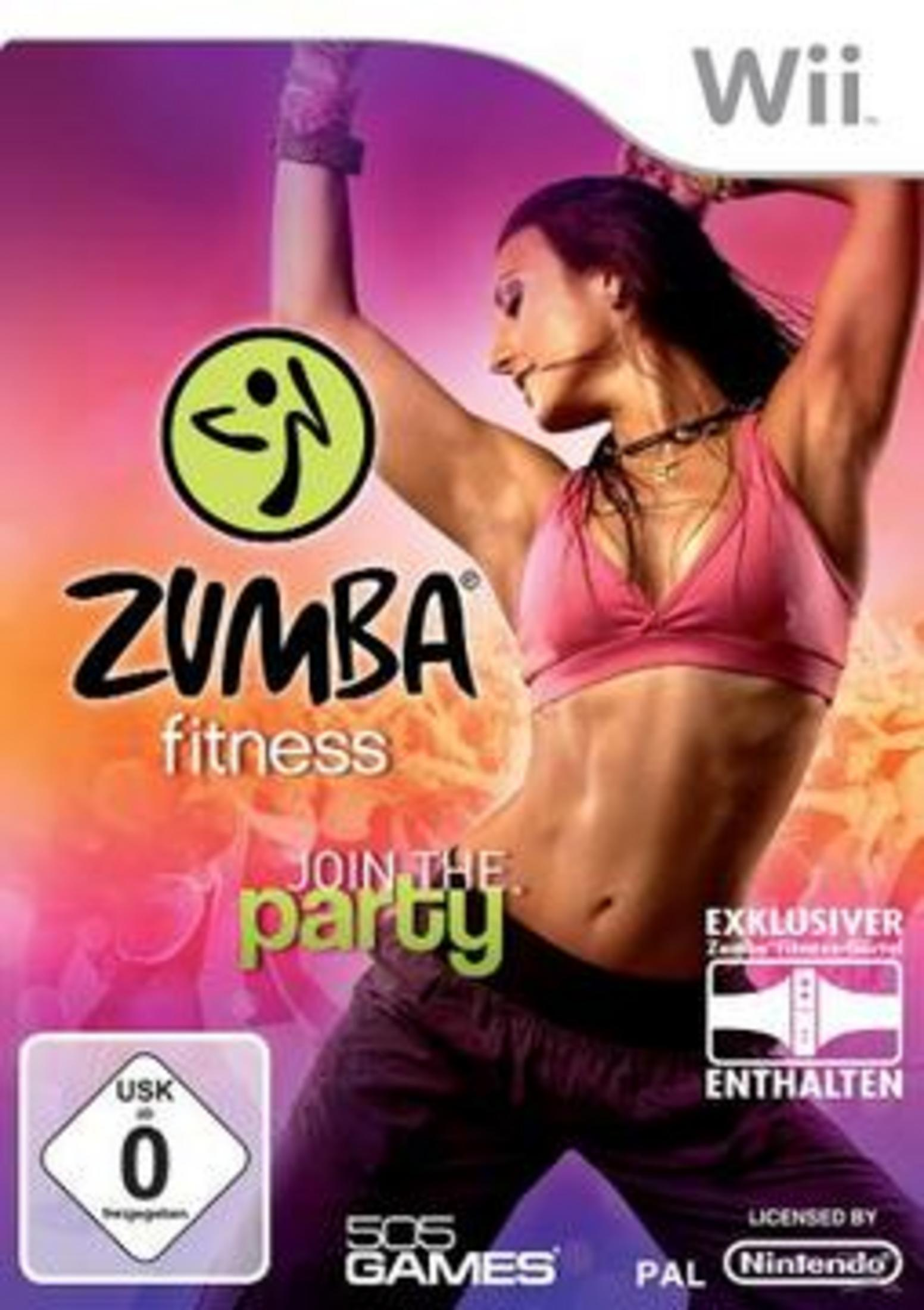 Zumba Fitness Spielcover. Eine Frau in Sportkleidung tanzt. Helle Farben, Wii-Logo sichtbar.