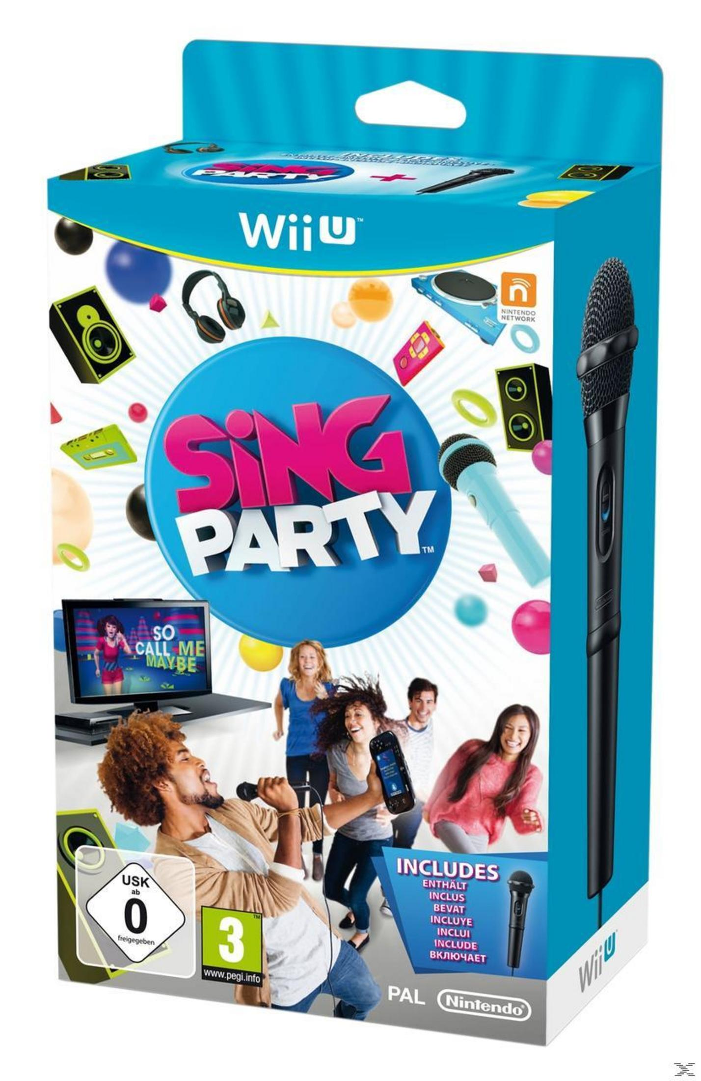 Wii U-Spielbox. Titel: Sing Party. Menschen tanzen und singen. Mikrofon und Spielcontroller sichtbar.