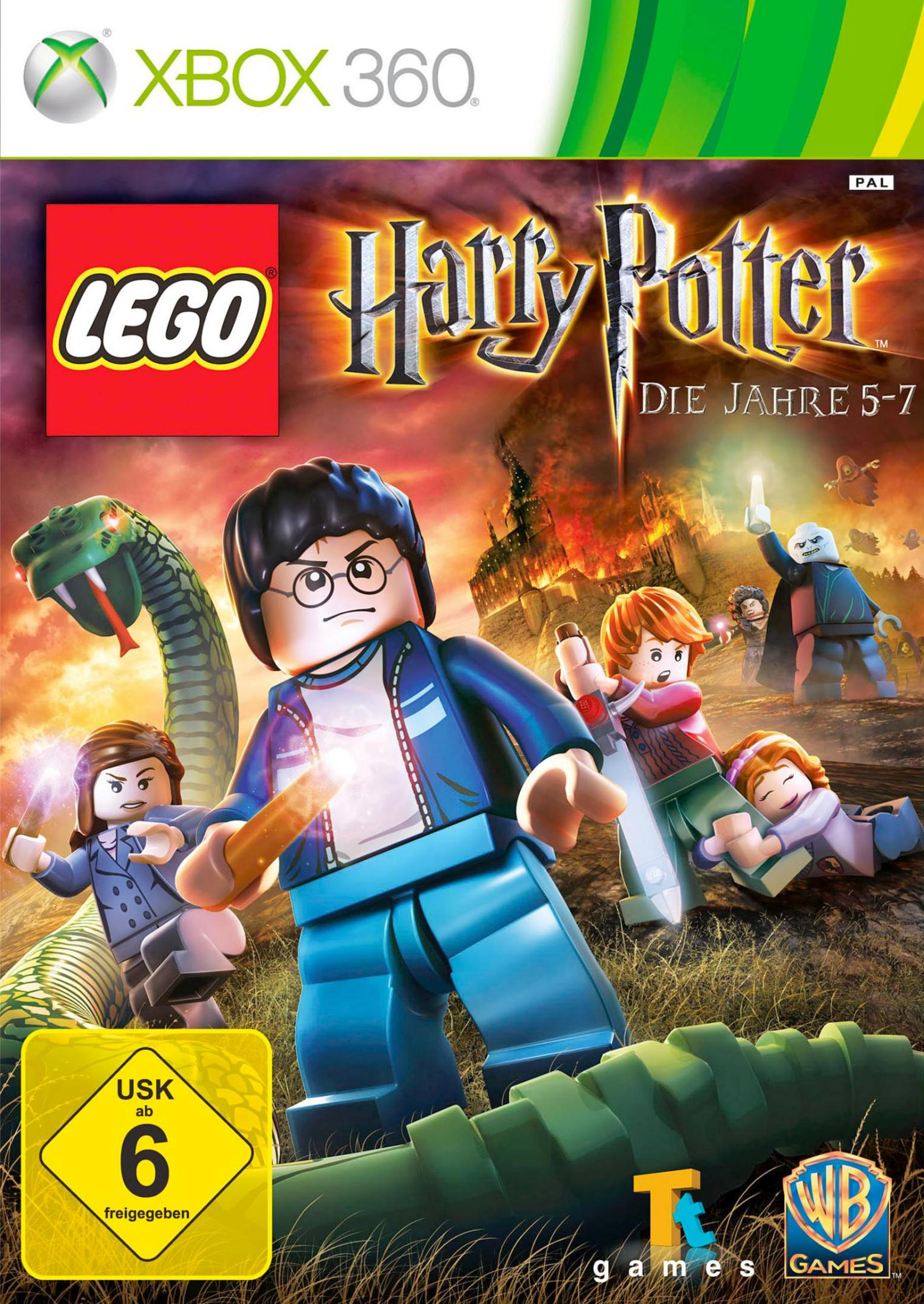 Xbox 360-Spielbox. LEGO Harry Potter. Lego Harry Potter-Figur mit Zauberstab. Grüne Schlange.