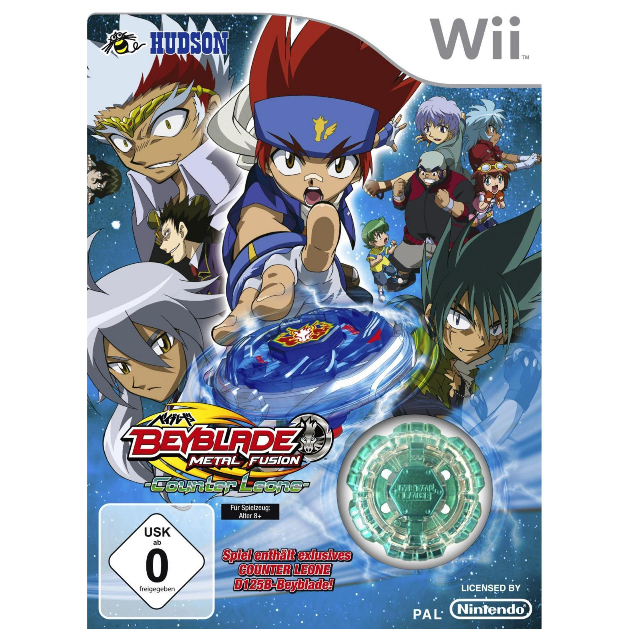Wii-Spielbox. Beyblade Metal Fusion. Zeichentrickfiguren kämpfen mit Beyblades.
