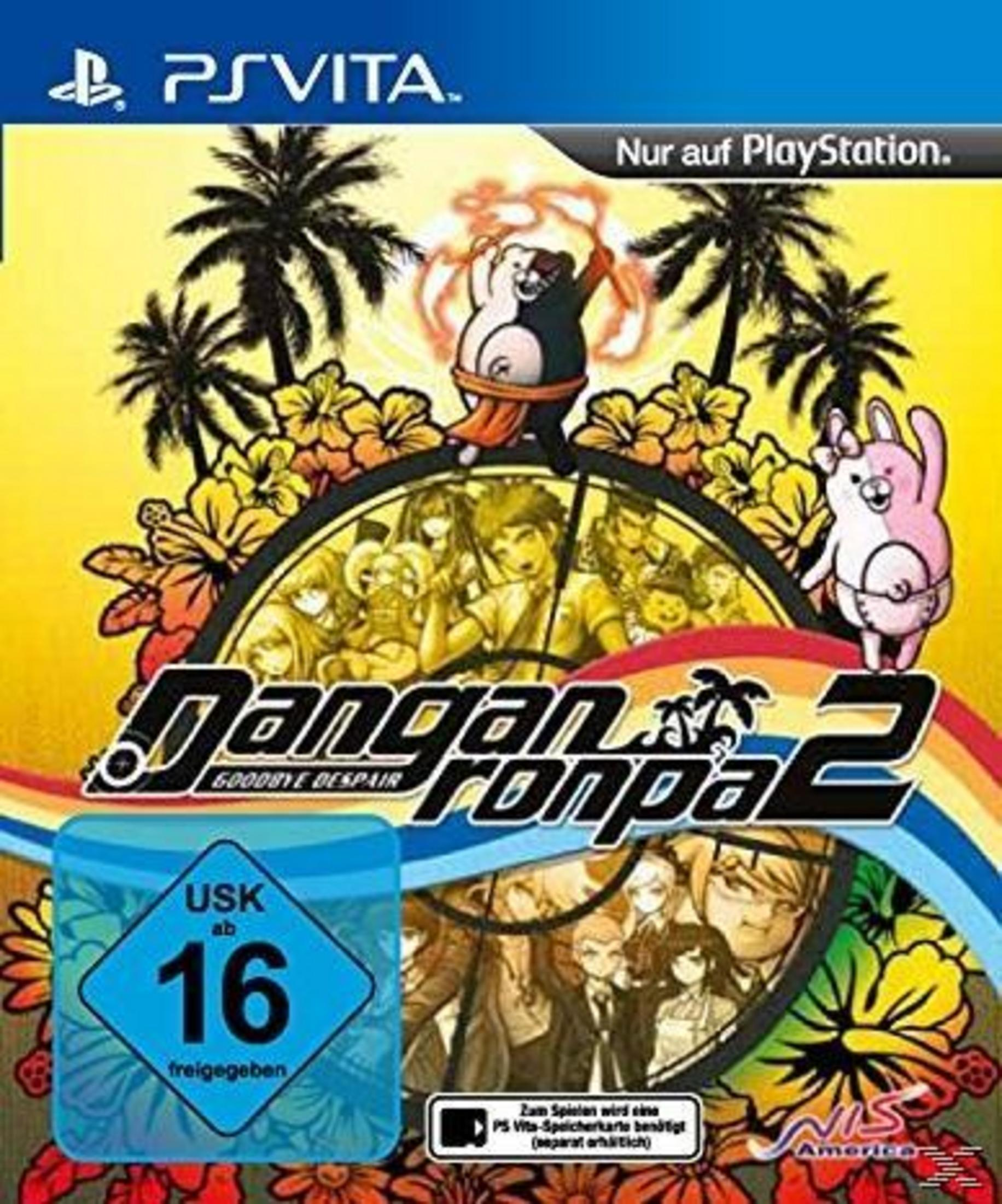 Danganronpa 2 Spielcover. Eine Cartoonfigur mit einem rosa Hasen steht über anderen Figuren am Strand.