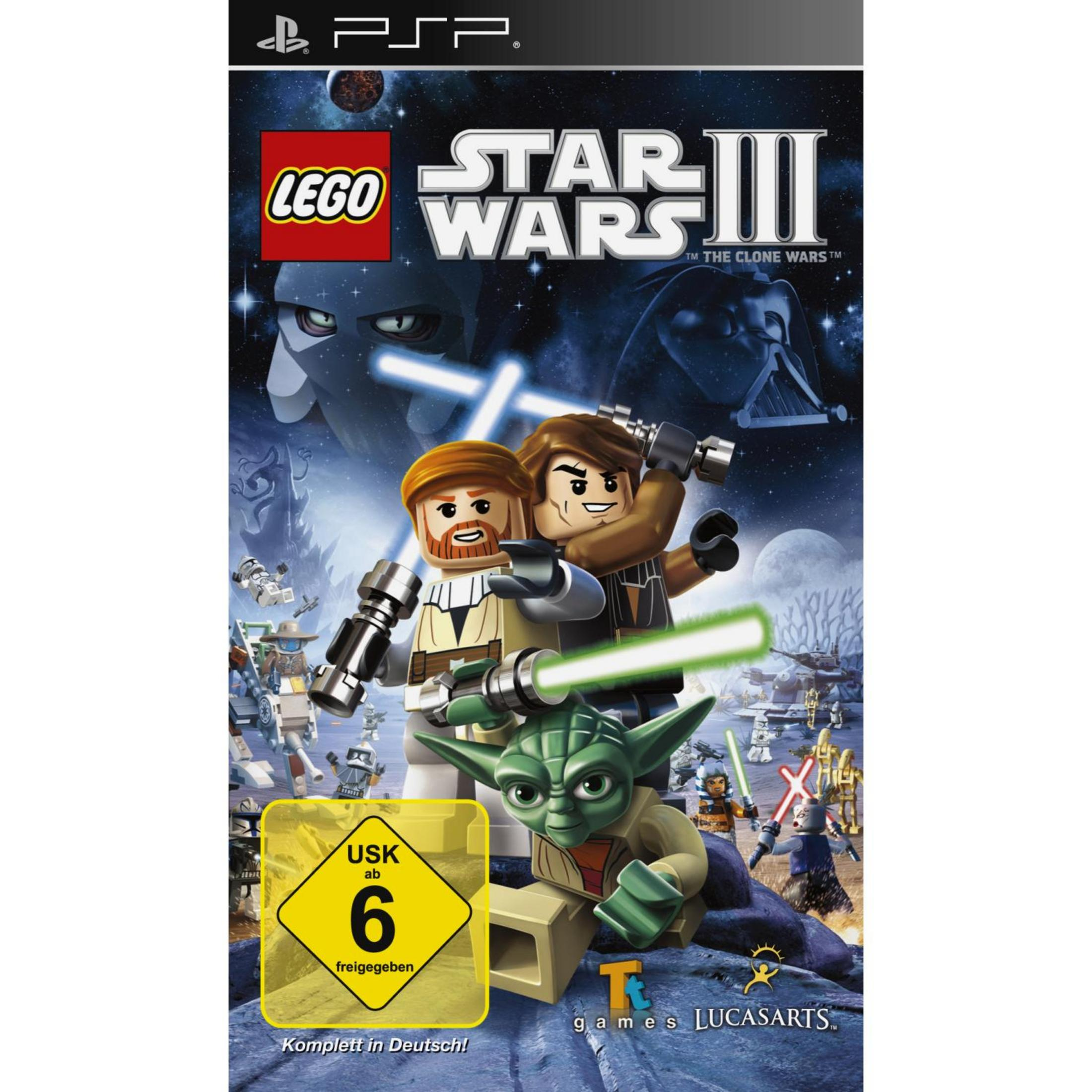 Lego Star Wars III-Spielcover mit Lego-Figuren mit Lichtschwertern.