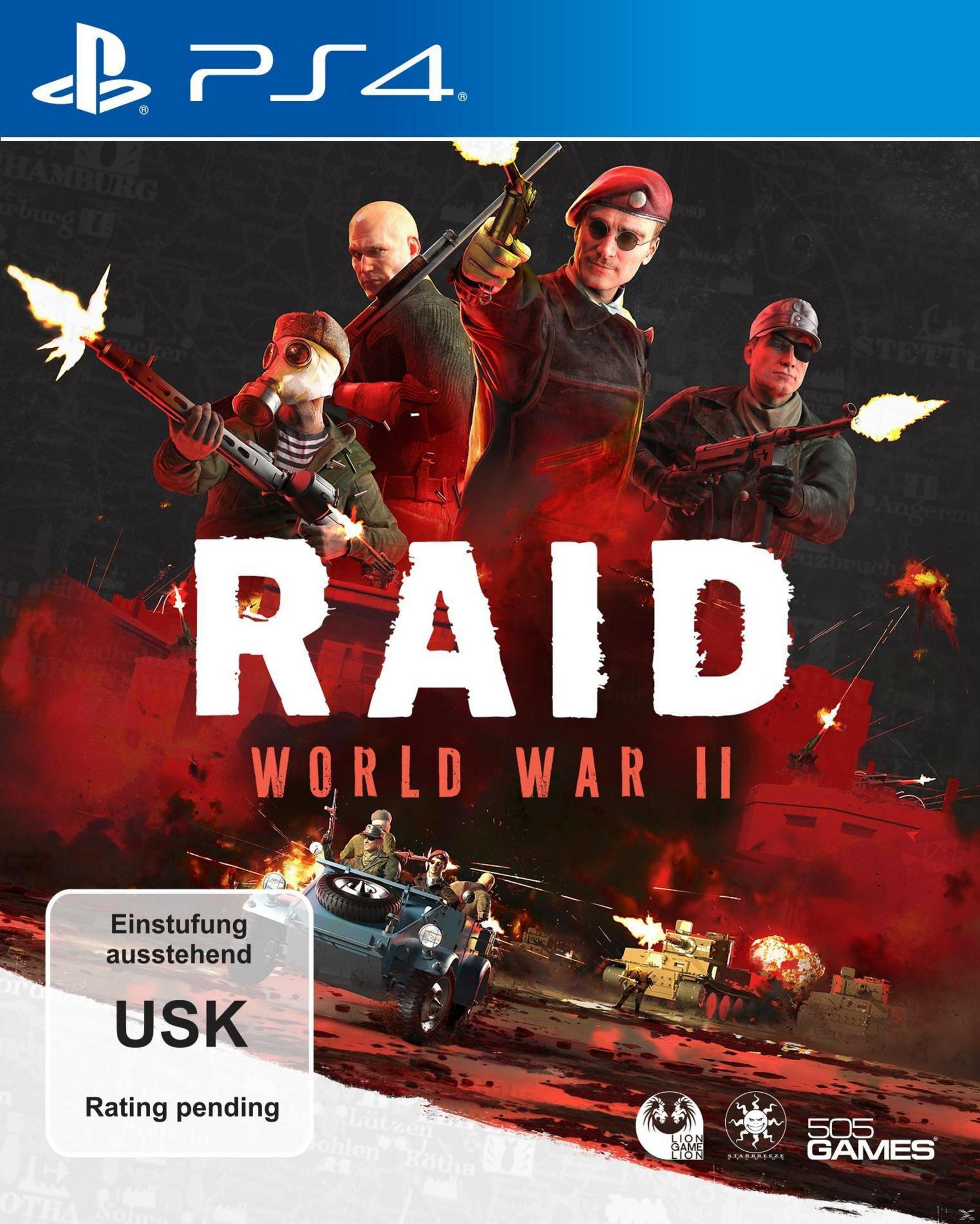 Copertina del gioco Raid: World War II per PS4. Presenta soldati con armi in un ambiente di guerra.