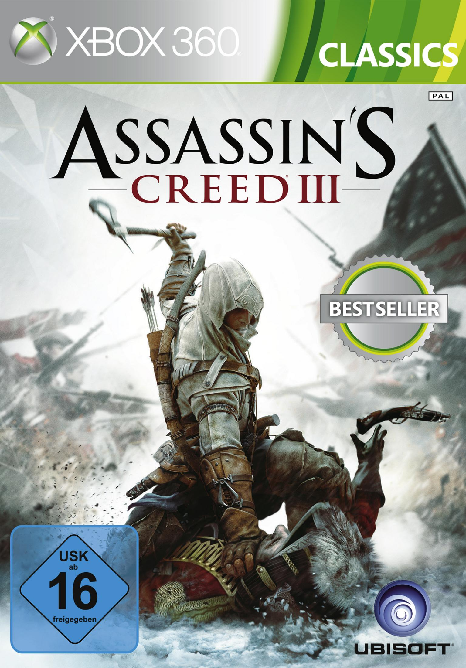 Assassin's Creed III-Spielcover für Xbox 360. Zeigt einen vermummten Assassinen in einer Kampfszene.