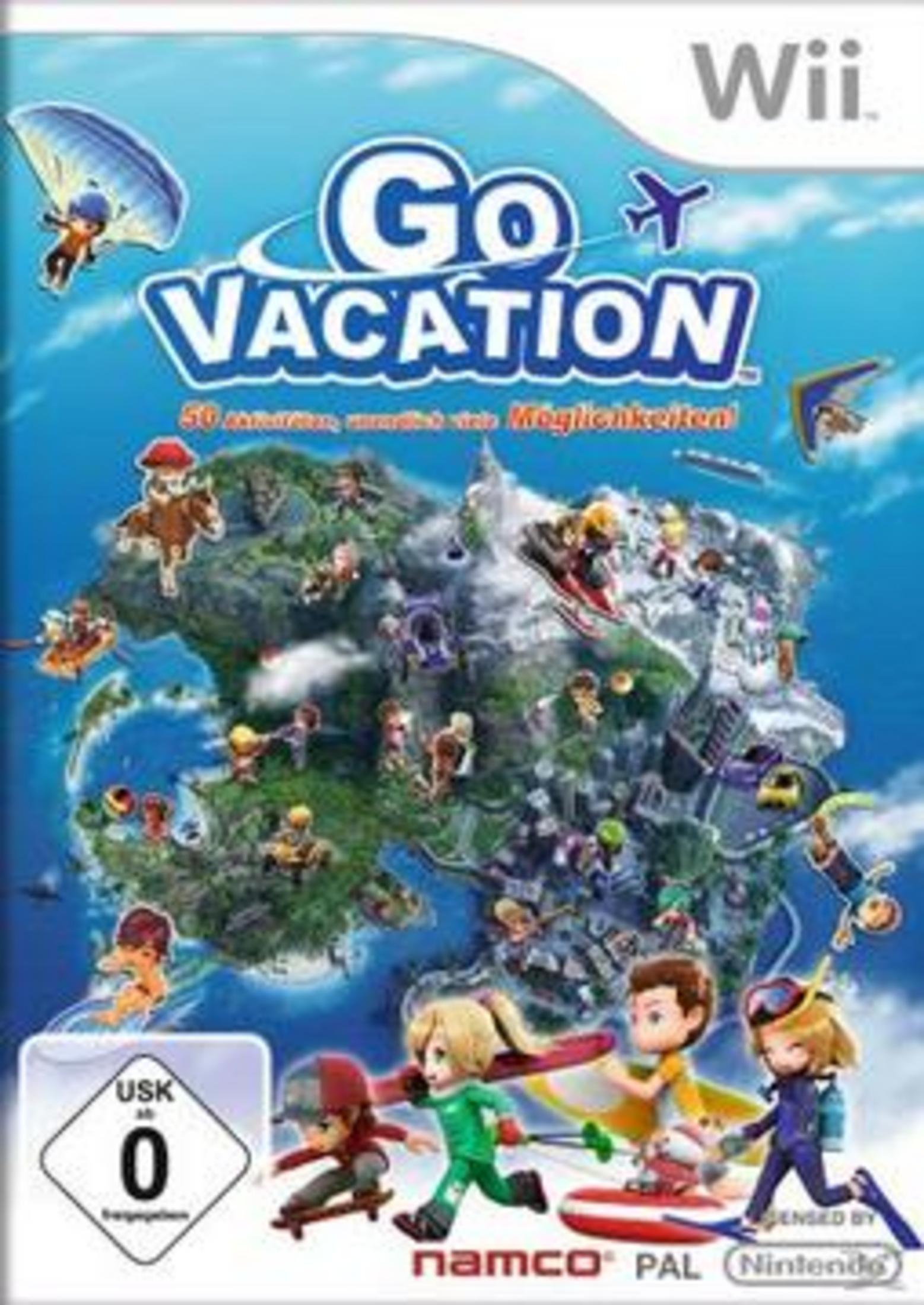 Das Go Vacation Wii-Spielcover zeigt eine Insel mit Charakteren, Fallschirmspringen und blauem Himmel.