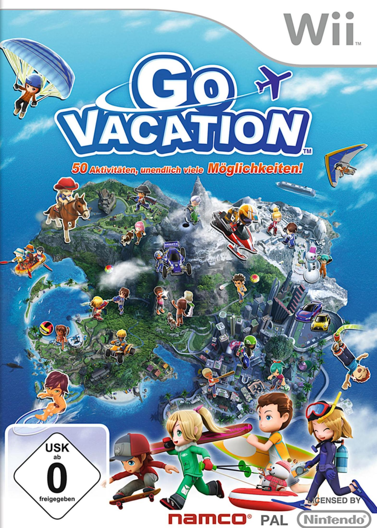 Das Go Vacation Wii-Spielcover zeigt eine Insel mit Charakteren, Fallschirmspringen und blauem Himmel.