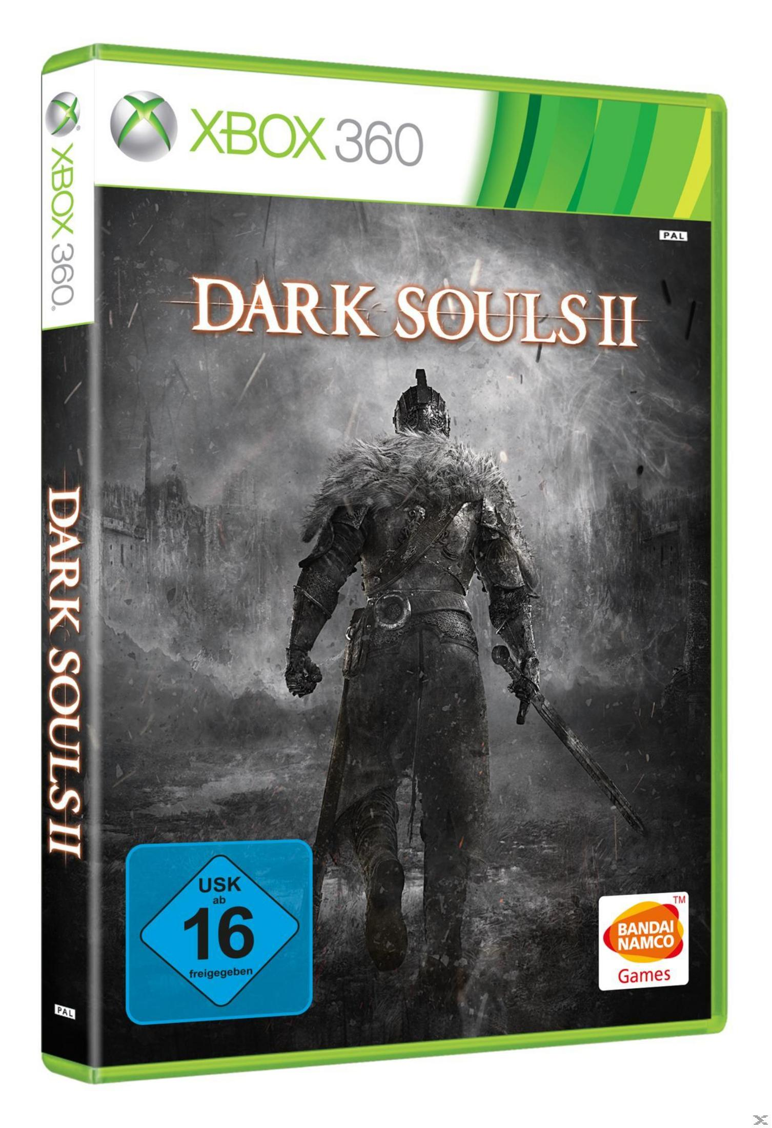 Dark Souls II-Spielhülle. Ritter auf dem Cover, Xbox 360-Logo, grüner Rand und Spieletitel.