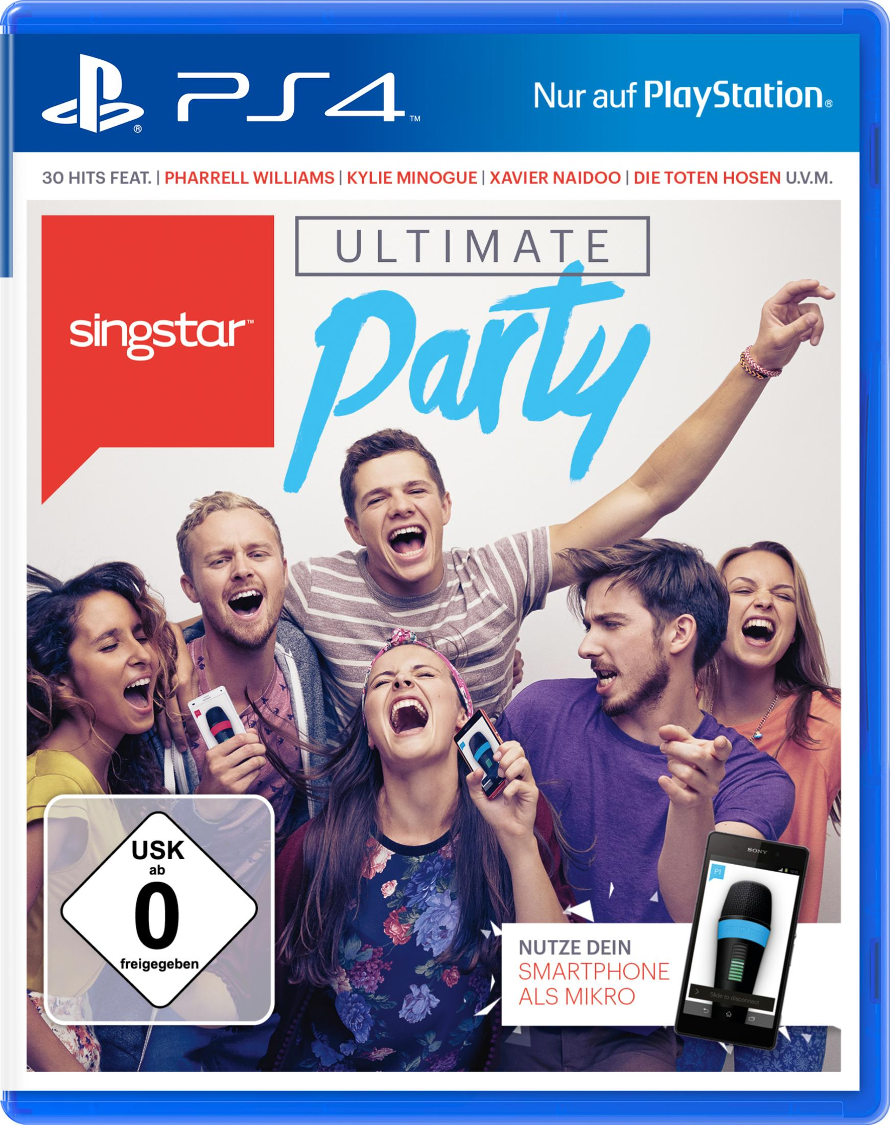 Spielcover mit singenden Leuten. Es ist ein blauer Koffer mit einer Gruppe von Leuten, die Telefone zum Singen halten.