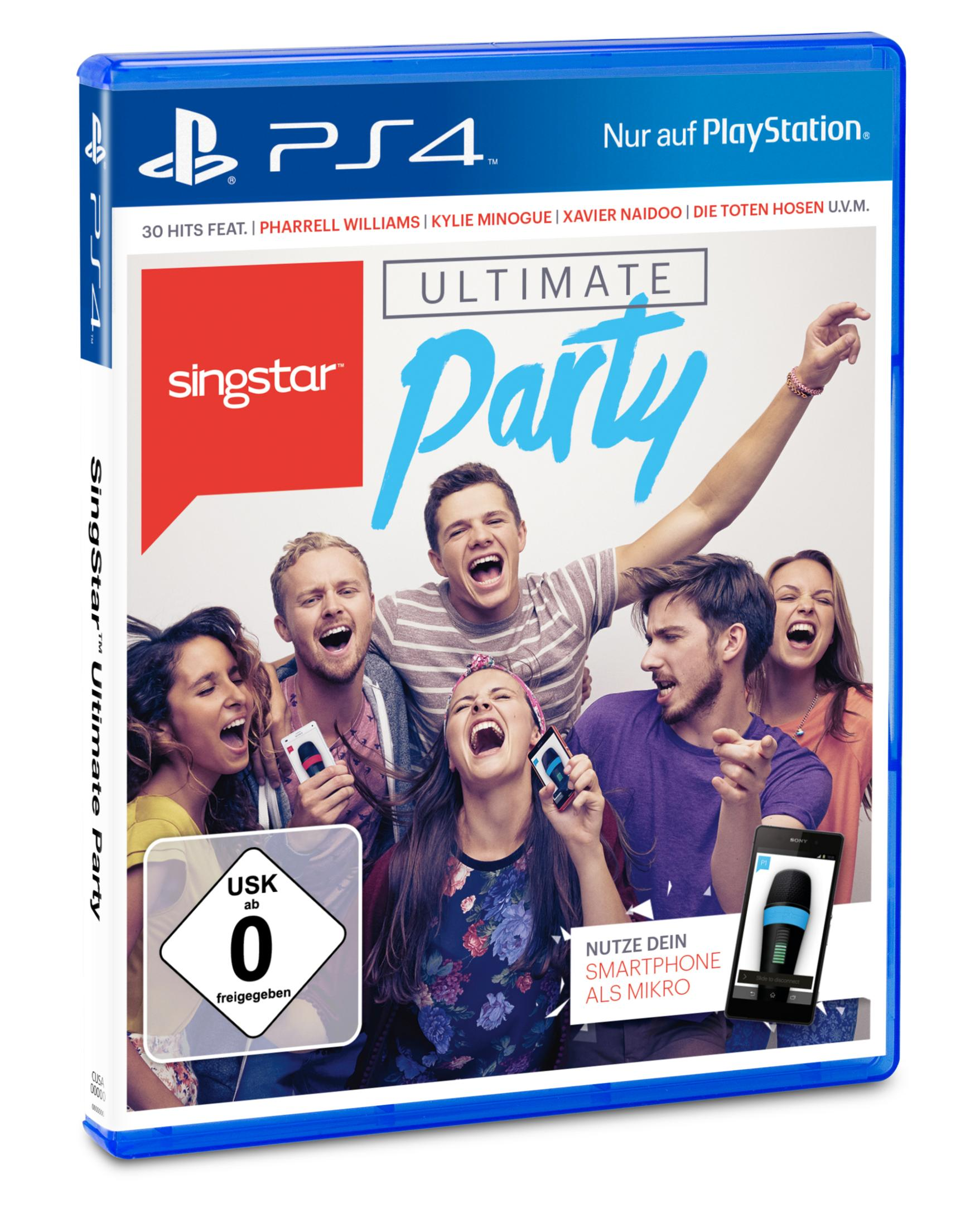 Spielcover mit singenden Leuten. Es ist ein blauer Koffer mit einer Gruppe von Leuten, die Telefone zum Singen halten.