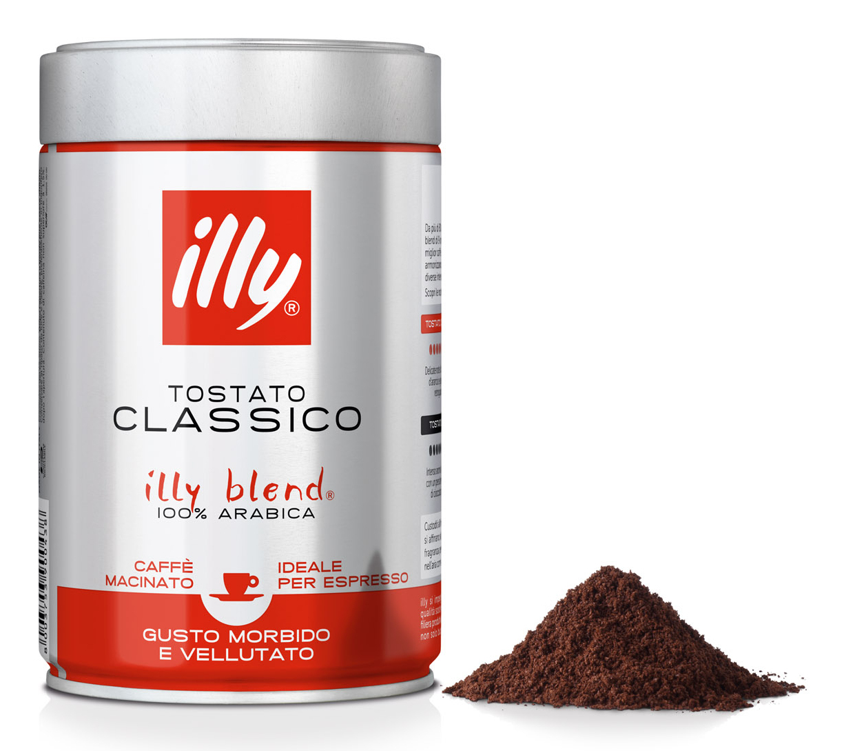 Lattina di caffè argentata con etichetta rossa e un mucchio di fondi di caffè. L'etichetta dice 'illy Tostato Classico'.