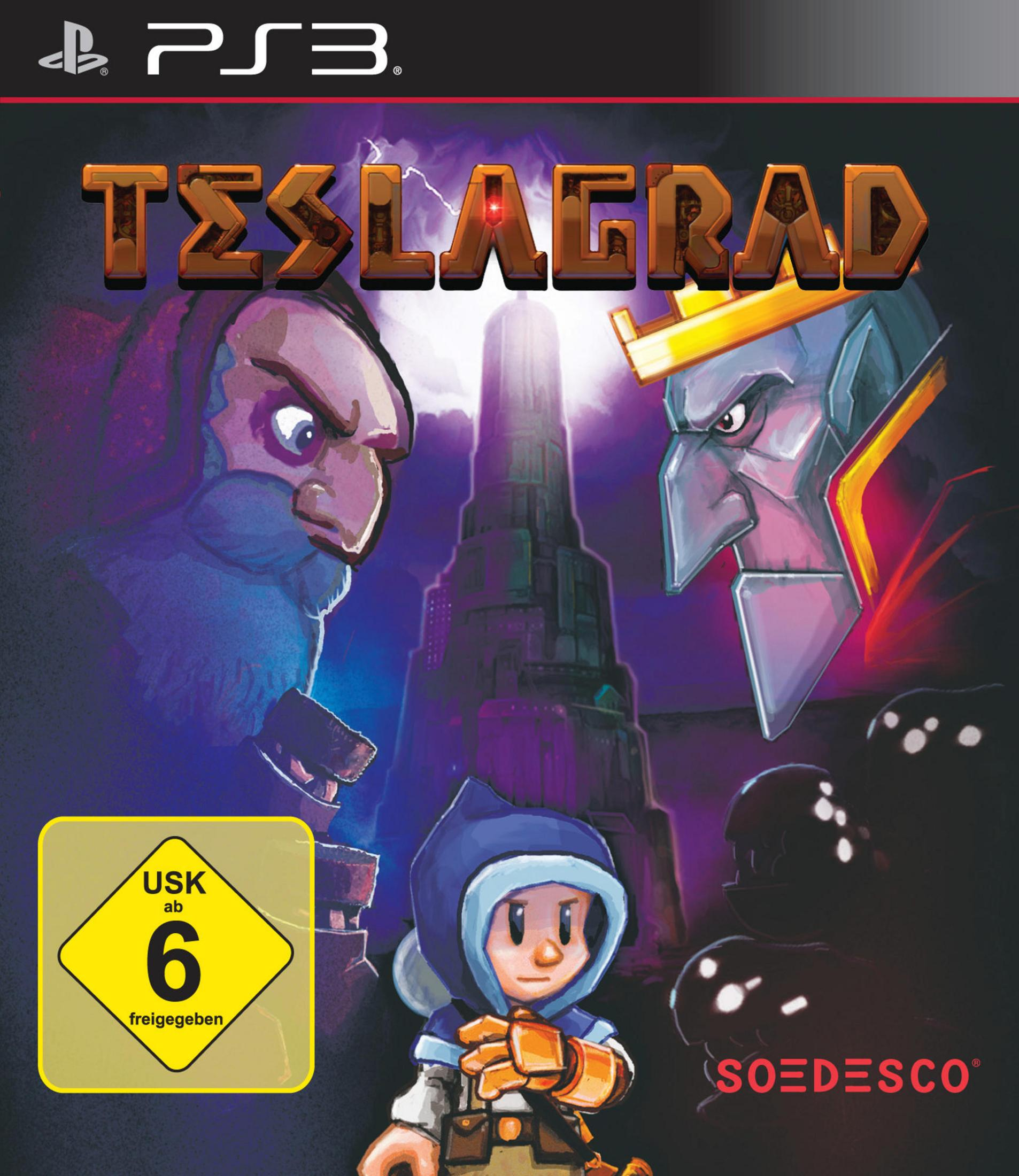 Teslagrad-Spielcover. Zwei Zeichentrickfiguren stehen sich gegenüber. Ein Kind ist im Vordergrund. USK 6-Bewertung vorhanden.