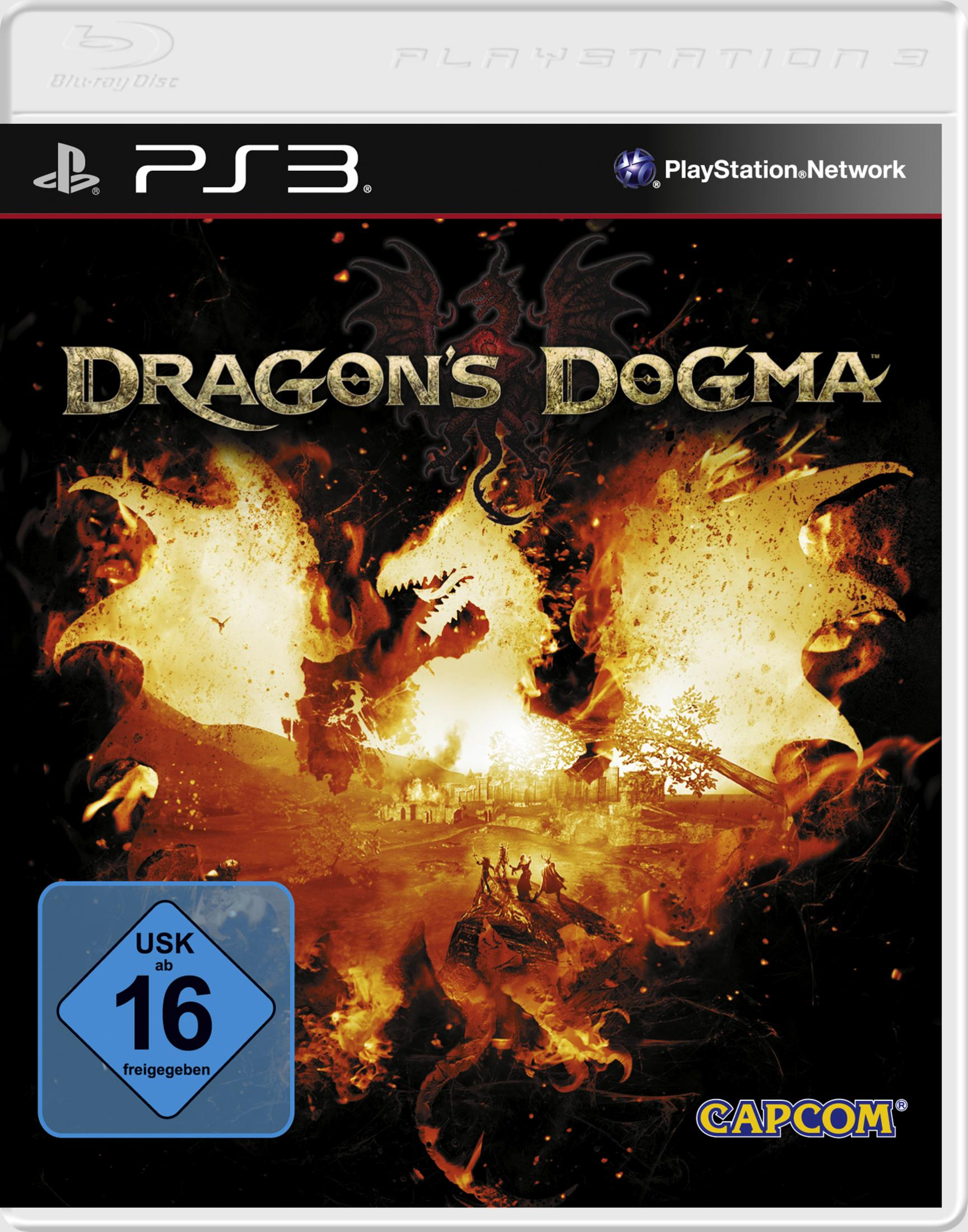 Das Cover des Spiels Dragon's Dogma zeigt einen Drachen, der über einer dunklen, feurigen Landschaft in Flammen steht.