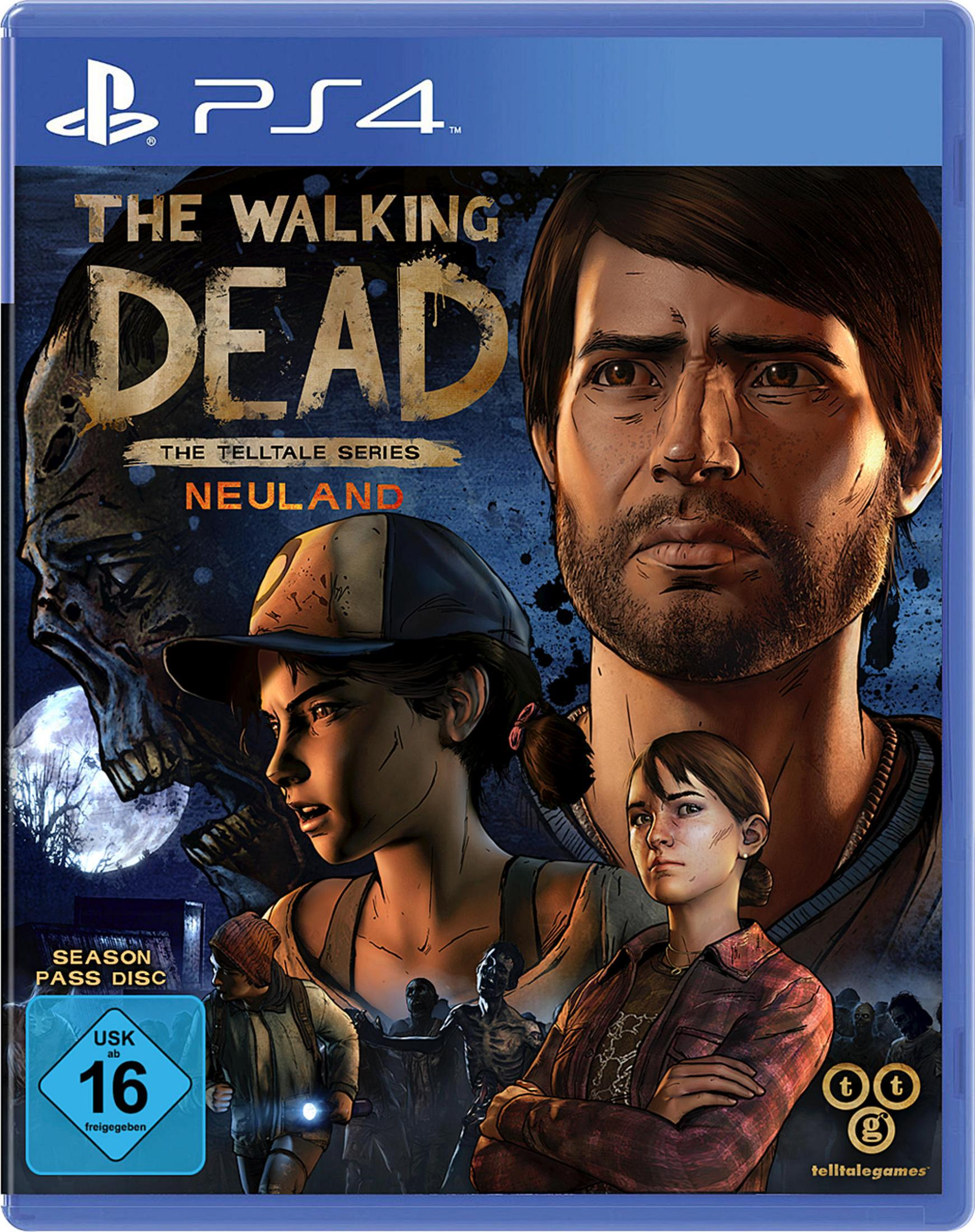 Spielcover. Charaktere aus der Serie The Walking Dead. Zombiegesicht im Hintergrund, zwei Charaktere im Vordergrund.