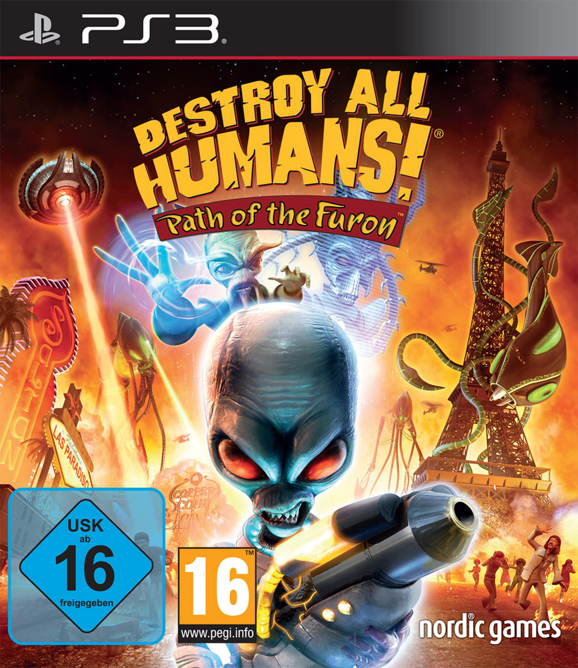 Spielcover. Ein Alien hält eine Waffe. Das Spiel ist Destroy All Humans! Path of the Furon.